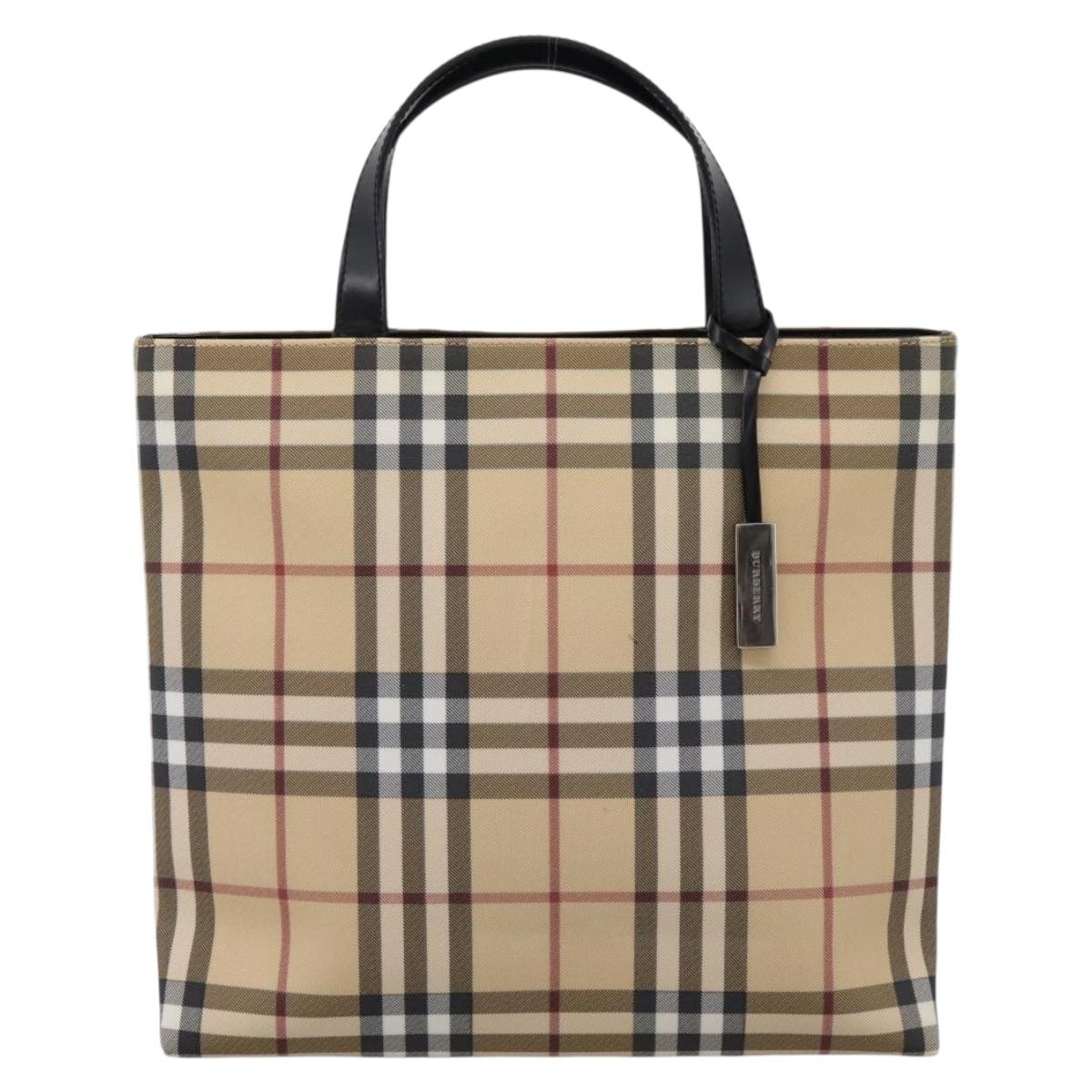 BURBERRY Nova Check Hand Bag PVC Beige Silver Auth 204754