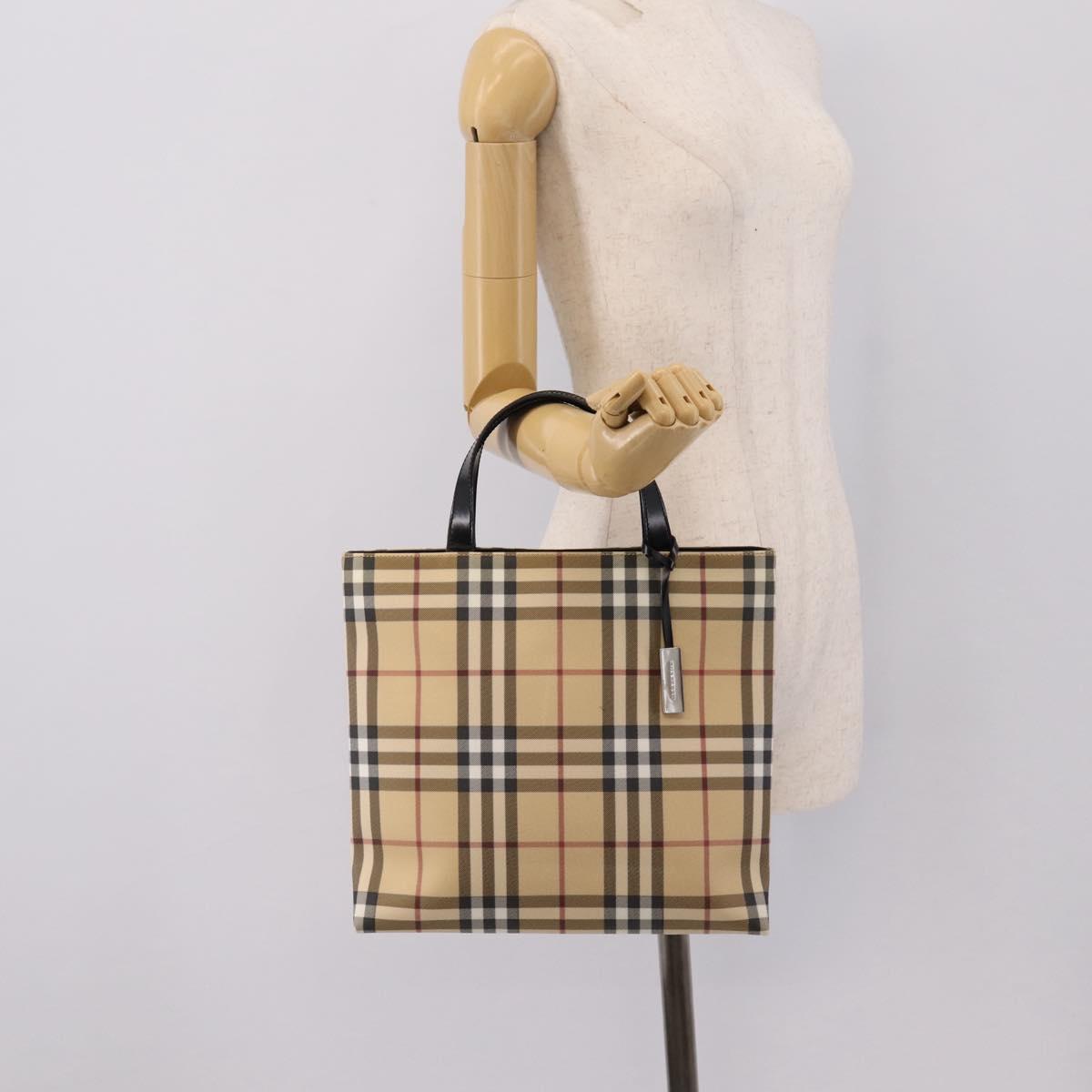 BURBERRY Nova Check Hand Bag PVC Beige Silver Auth 204754