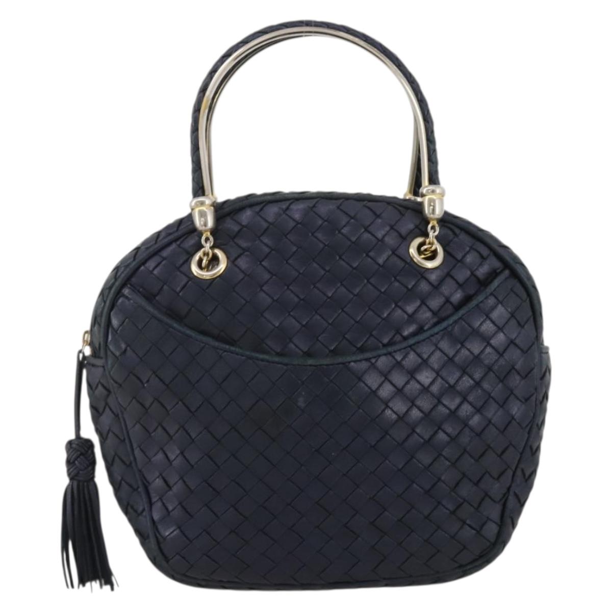 BOTTEGA VENETA INTRECCIATO Hand Bag Leather Navy Gold Auth 204759