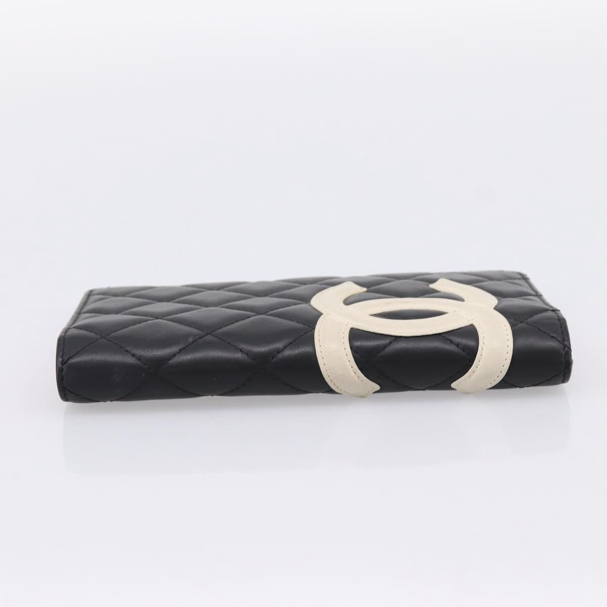 CHANEL Cambon Line Matelasse Wallet Leather Black Silver CC Auth 204762