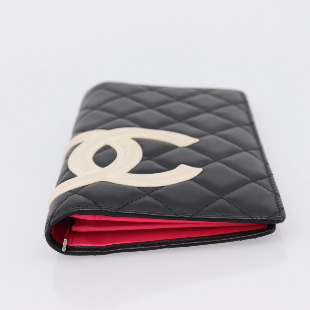 CHANEL Cambon Line Matelasse Wallet Leather Black Silver CC Auth 204762