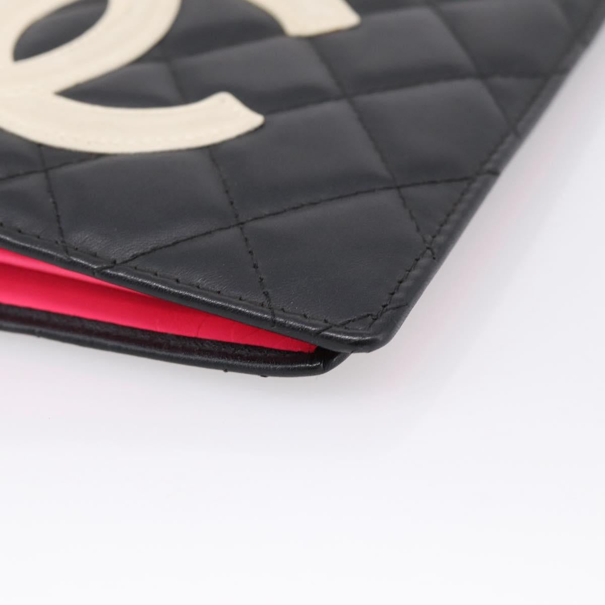 CHANEL Cambon Line Matelasse Wallet Leather Black Silver CC Auth 204762