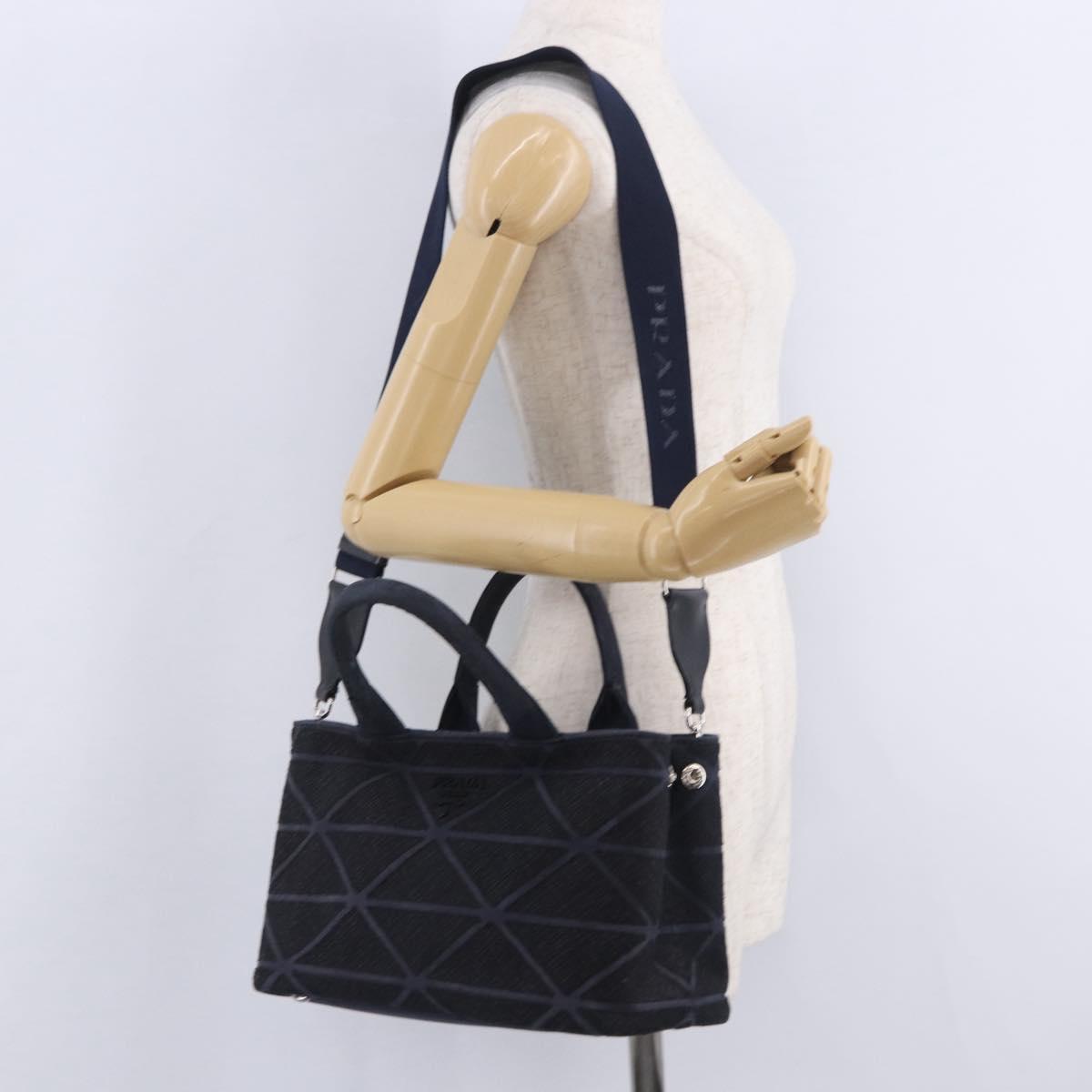 PRADA Canapa Triangle Hand Bag Canvas 2way Navy Silver Auth 204765M