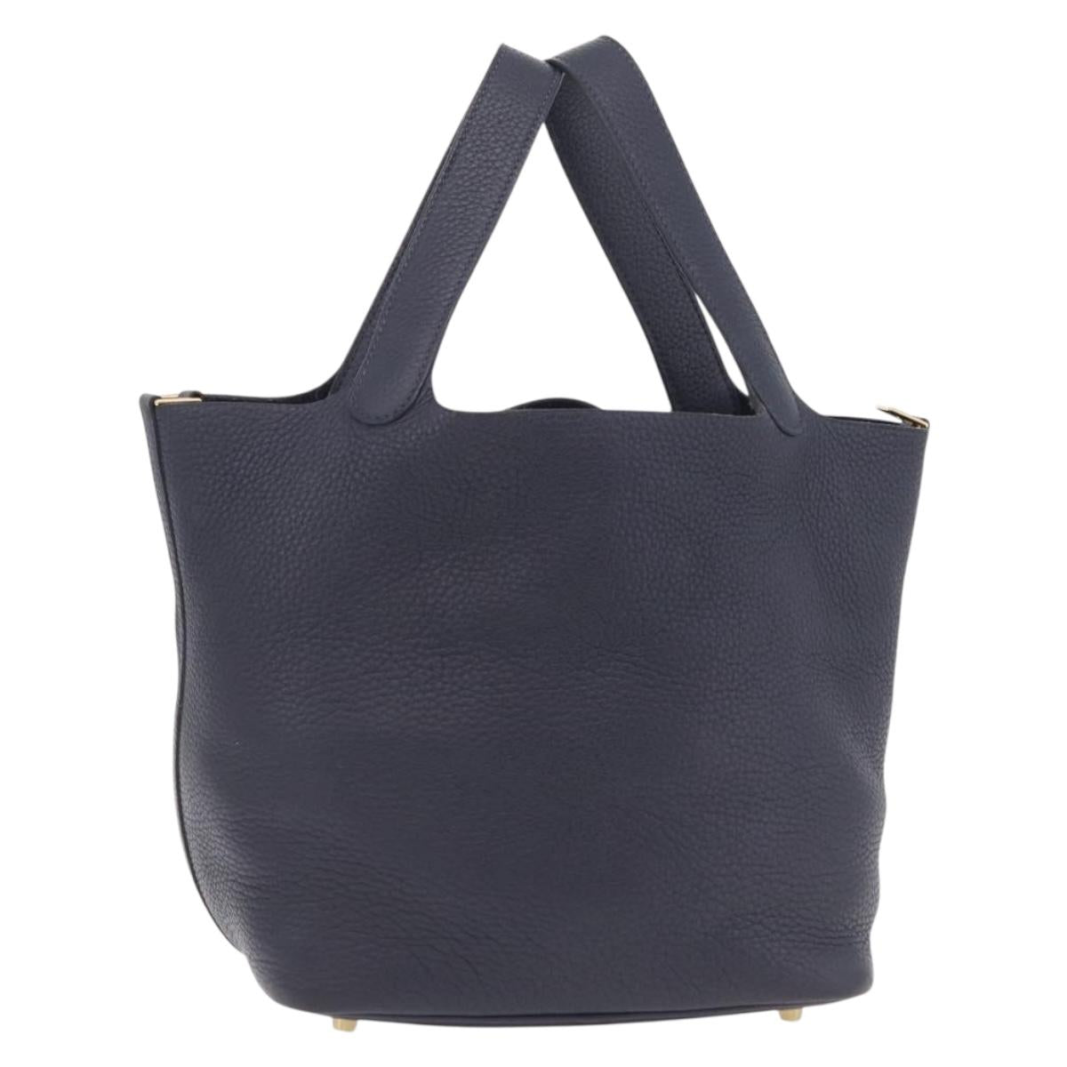 HERMES Picotan Lock MM Hand Bag Taurillon Leather Navy Gold Auth 204768SM