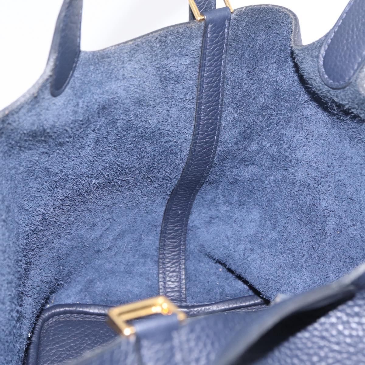 HERMES Picotan Lock MM Hand Bag Taurillon Leather Navy Gold Auth 204768SM
