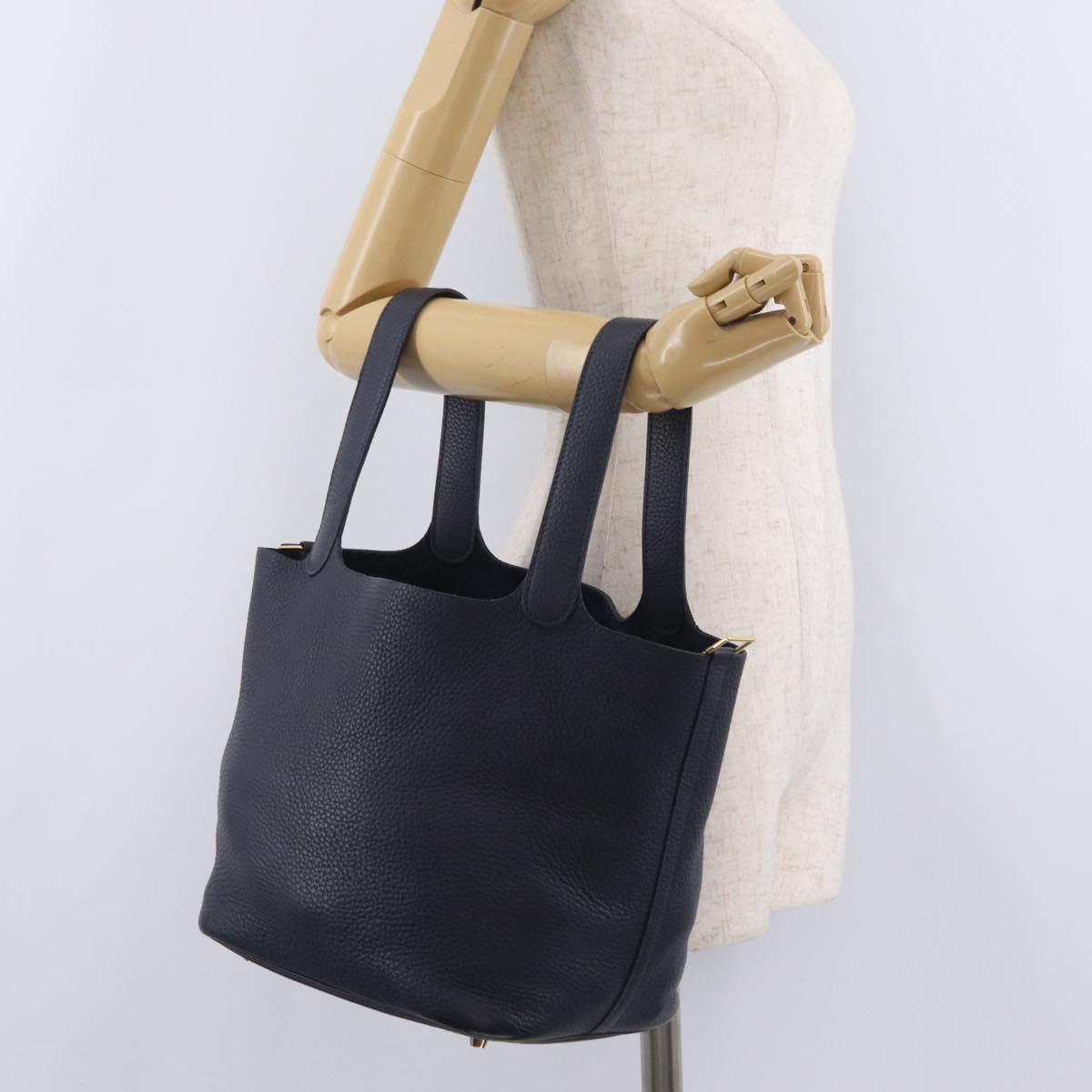 HERMES Picotan Lock MM Hand Bag Taurillon Leather Navy Gold Auth 204768SM
