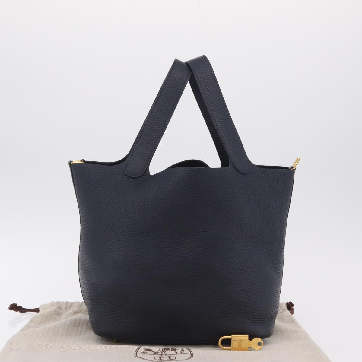 HERMES Picotan Lock MM Hand Bag Taurillon Leather Navy Gold Auth 204768SM