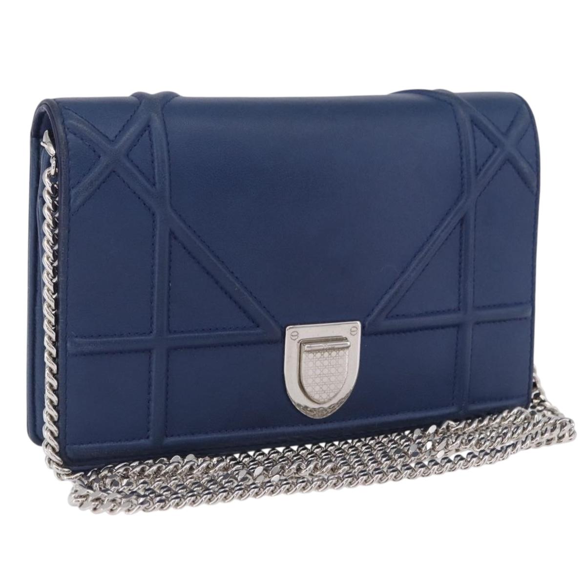 Christian Dior Diorama Chain Shoulder Bag Leather Blue Silver Auth 204772V