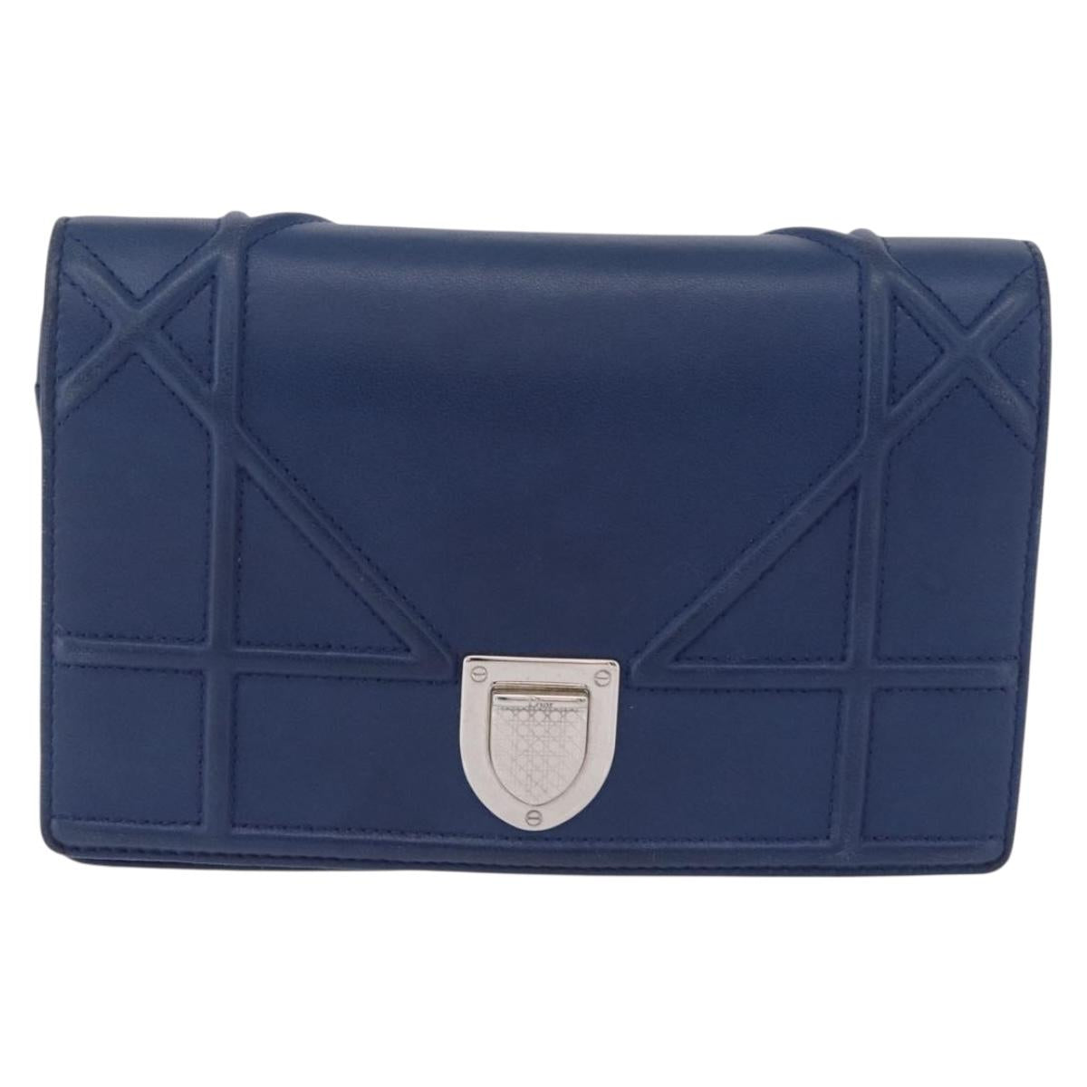 Christian Dior Diorama Chain Shoulder Bag Leather Blue Silver Auth 204772V