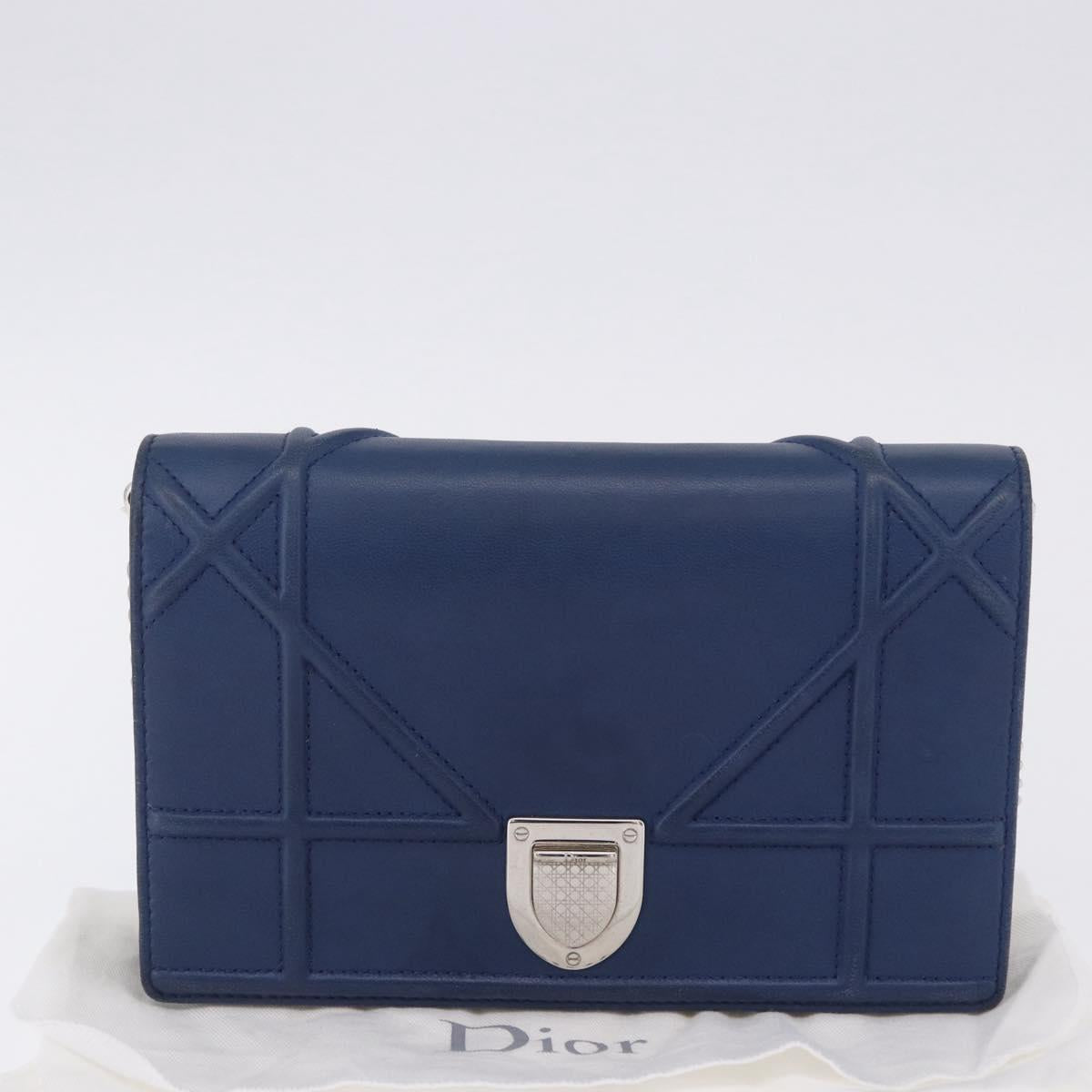 Christian Dior Diorama Chain Shoulder Bag Leather Blue Silver Auth 204772V