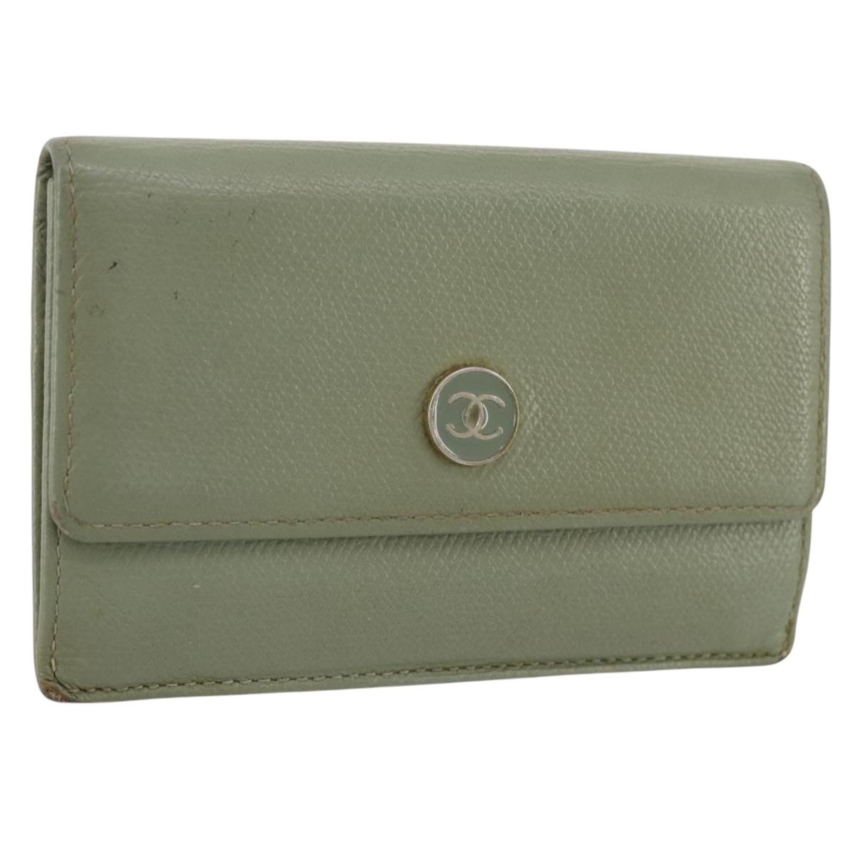CHANEL Card Case Leather Green Gold CC Auth 204781