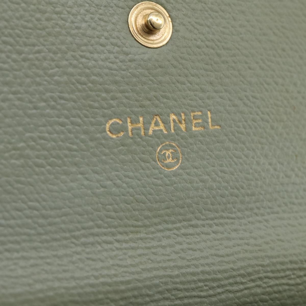 CHANEL Card Case Leather Green Gold CC Auth 204781