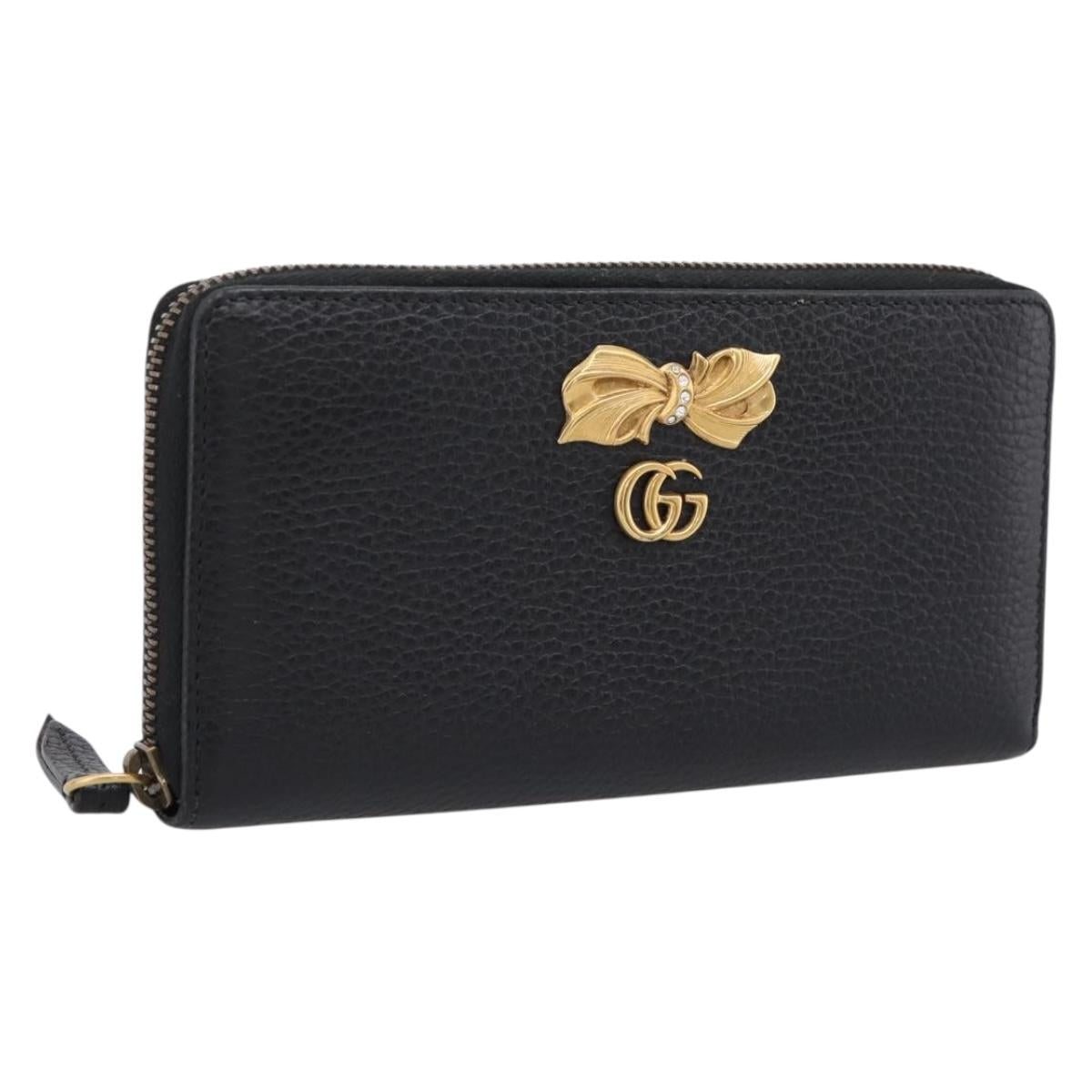GUCCI Bow Long Wallet Leather Black Gold 524291 Auth 204782A