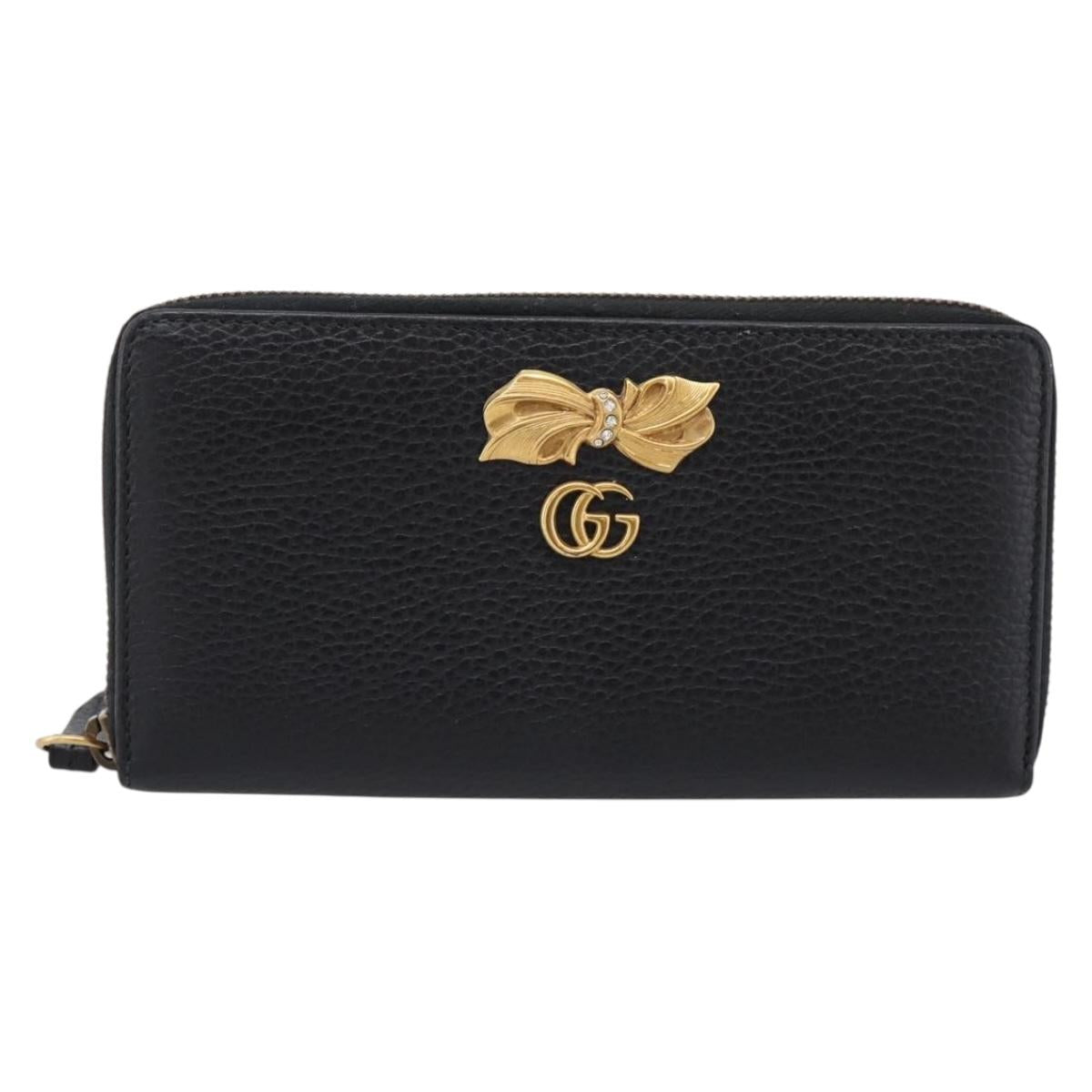 GUCCI Bow Long Wallet Leather Black Gold 524291 Auth 204782A