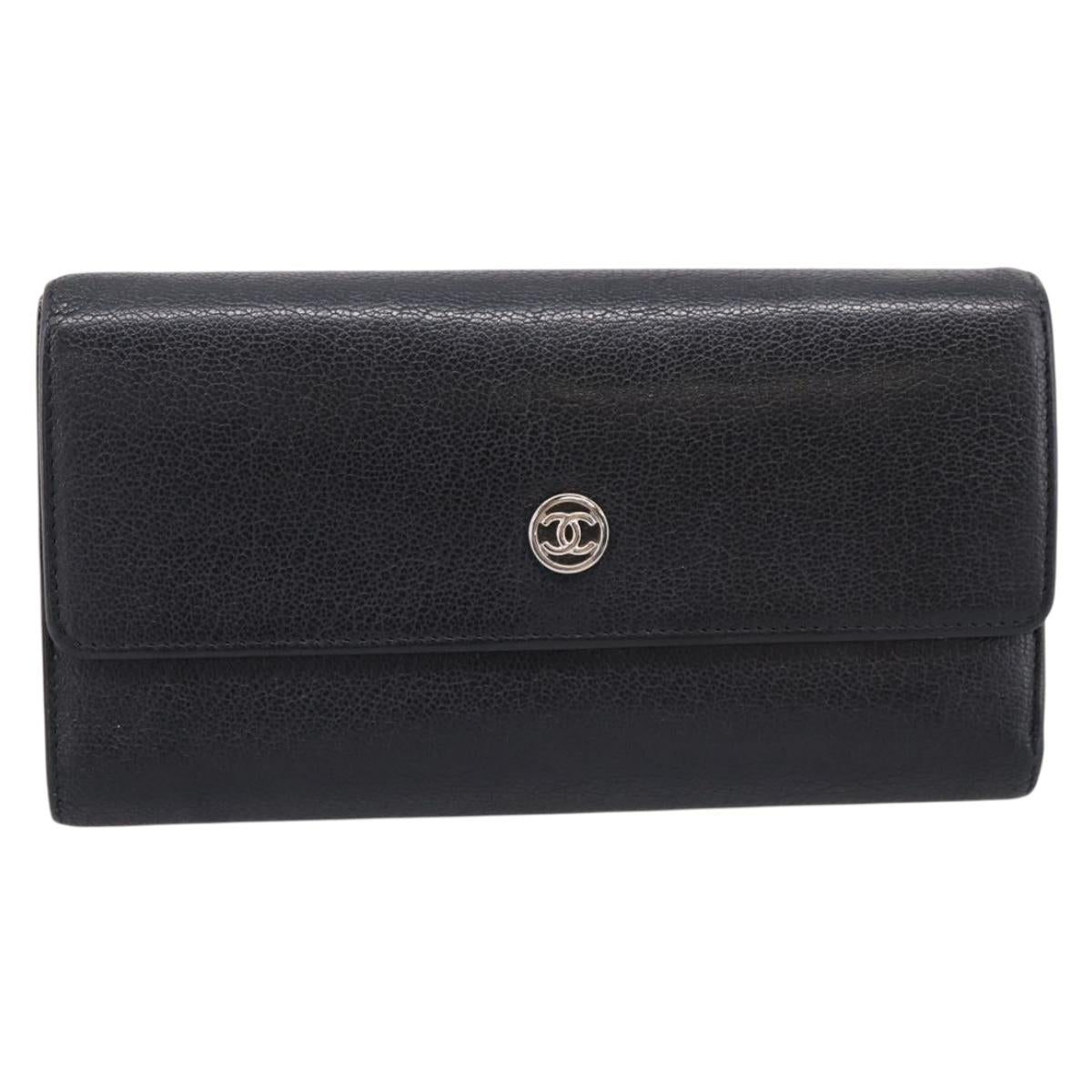 CHANEL Long Wallet Leather Black Silver CC Auth 204783