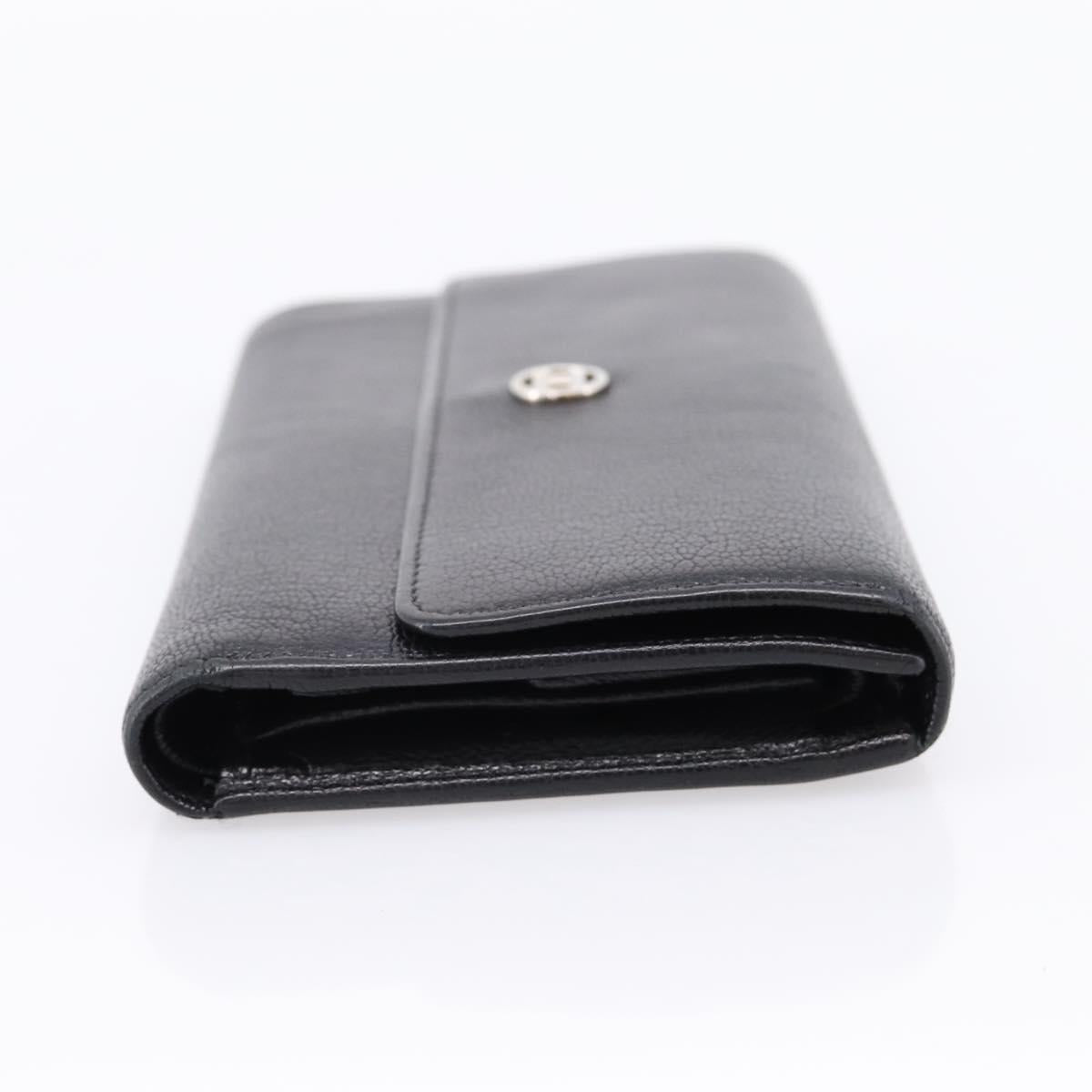CHANEL Long Wallet Leather Black Silver CC Auth 204783
