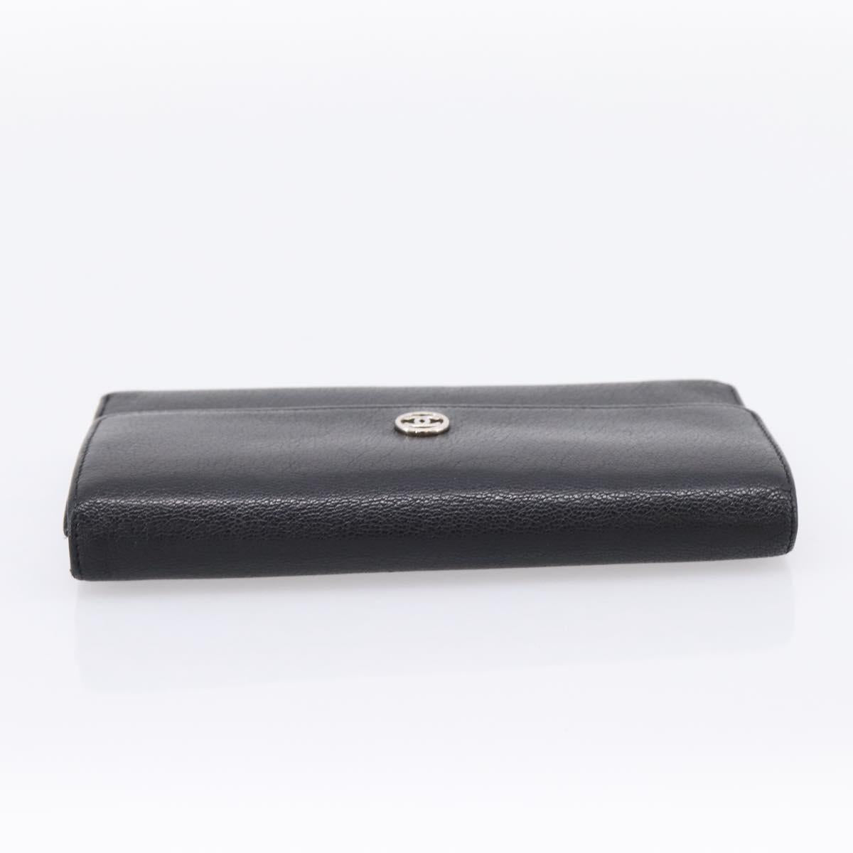 CHANEL Long Wallet Leather Black Silver CC Auth 204783