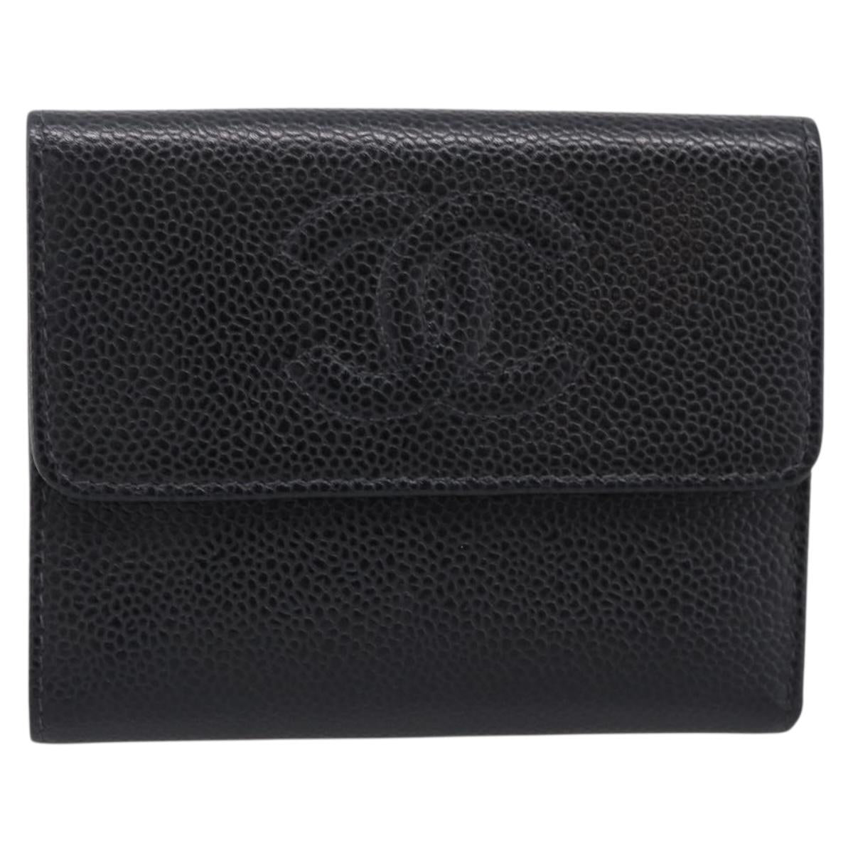 CHANEL Matelasse Wallet Caviar Skin Black Gold CC Auth 204790V