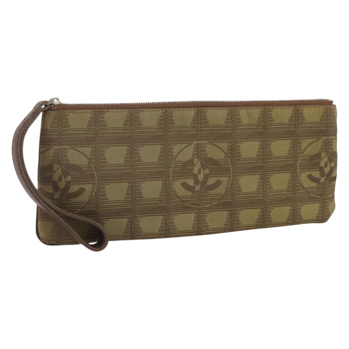 CHANEL New Travel Line Clutch Bag Canvas Brown CC Auth 204800A