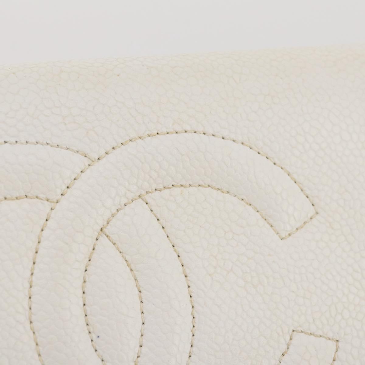 CHANEL Chain Shoulder Bag Caviar Skin White Gold CC Auth 204805