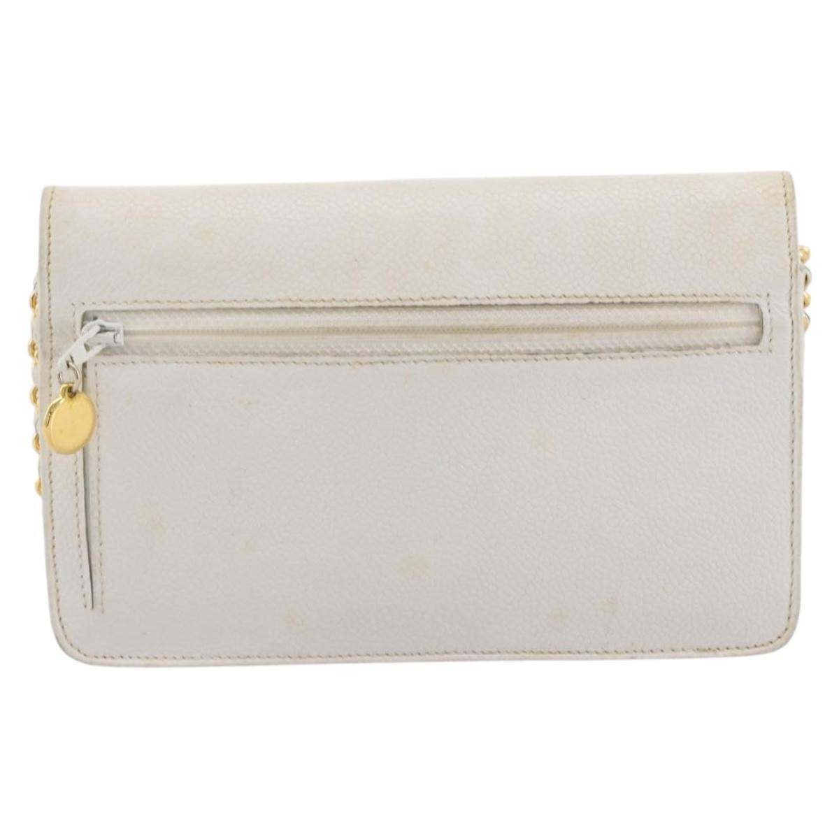 CHANEL Chain Shoulder Bag Caviar Skin White Gold CC Auth 204805