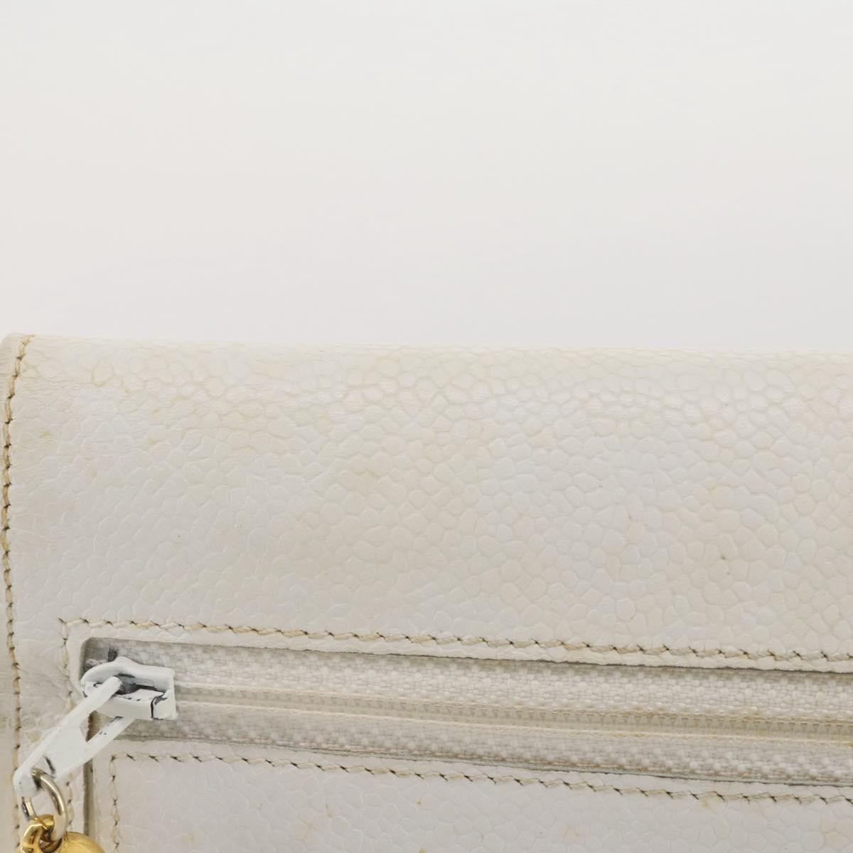 CHANEL Chain Shoulder Bag Caviar Skin White Gold CC Auth 204805