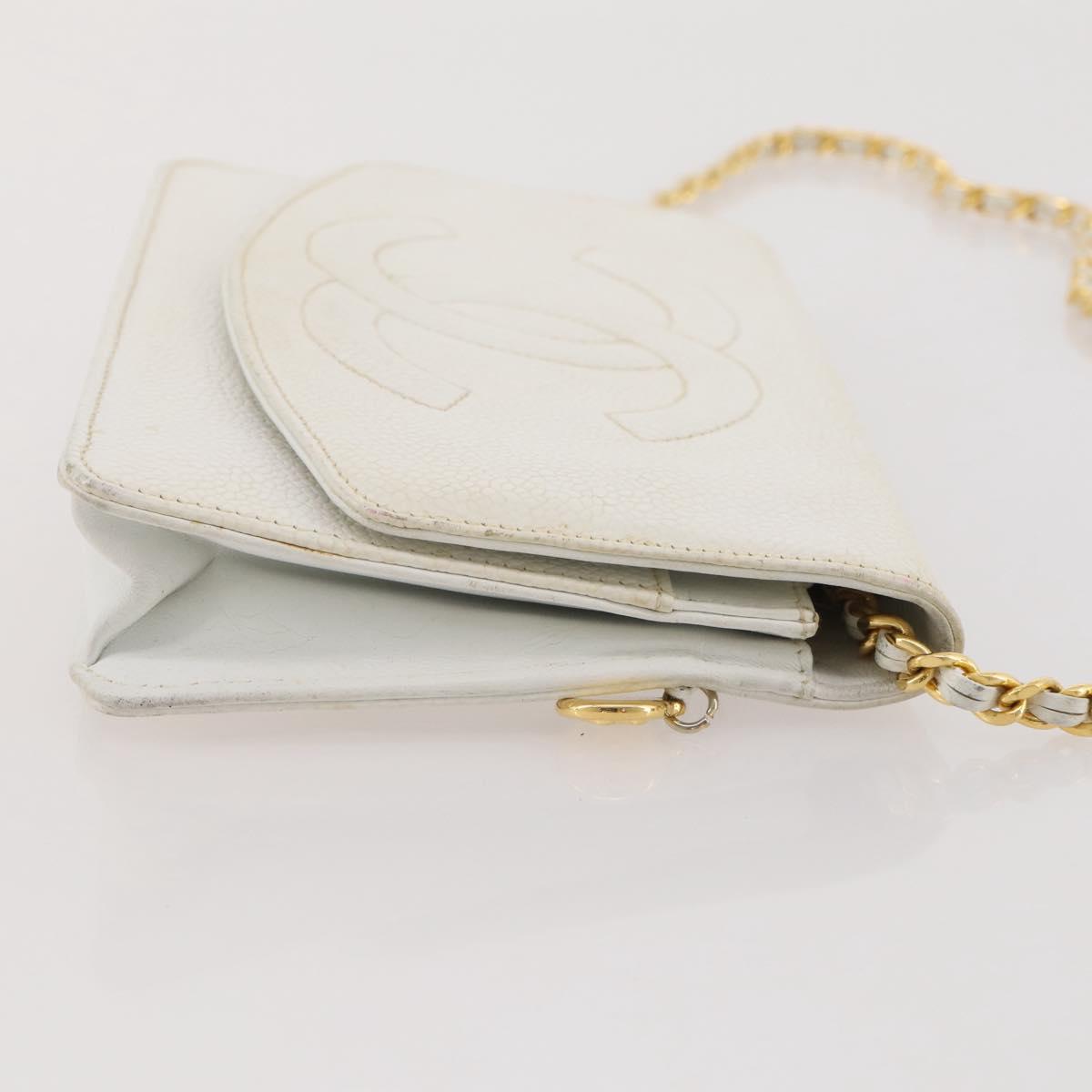 CHANEL Chain Shoulder Bag Caviar Skin White Gold CC Auth 204805