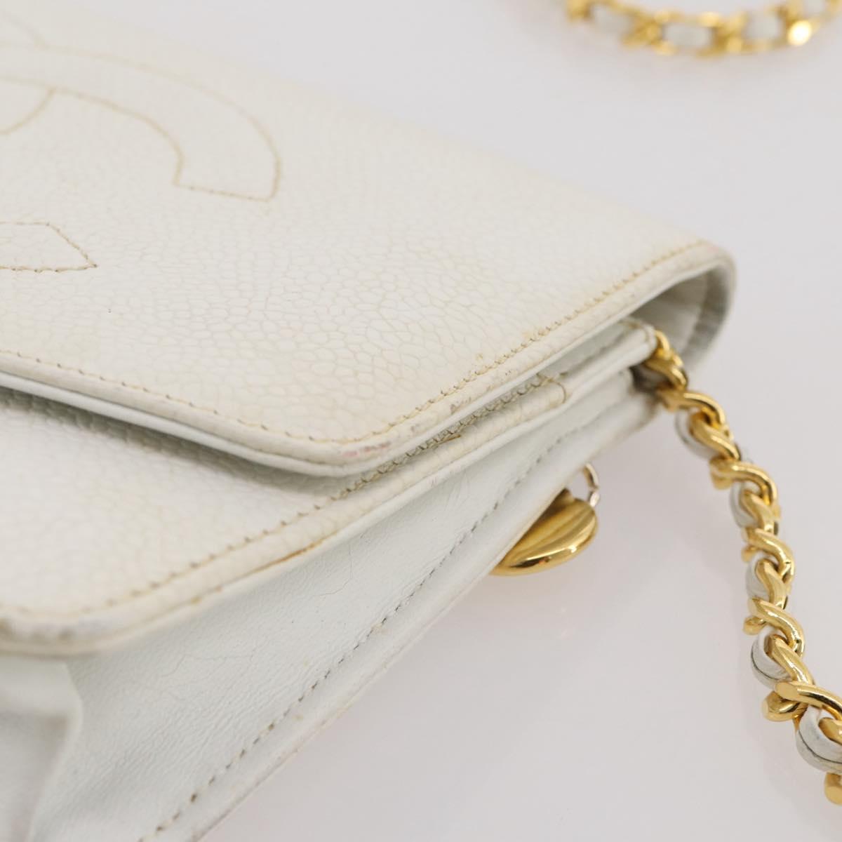 CHANEL Chain Shoulder Bag Caviar Skin White Gold CC Auth 204805