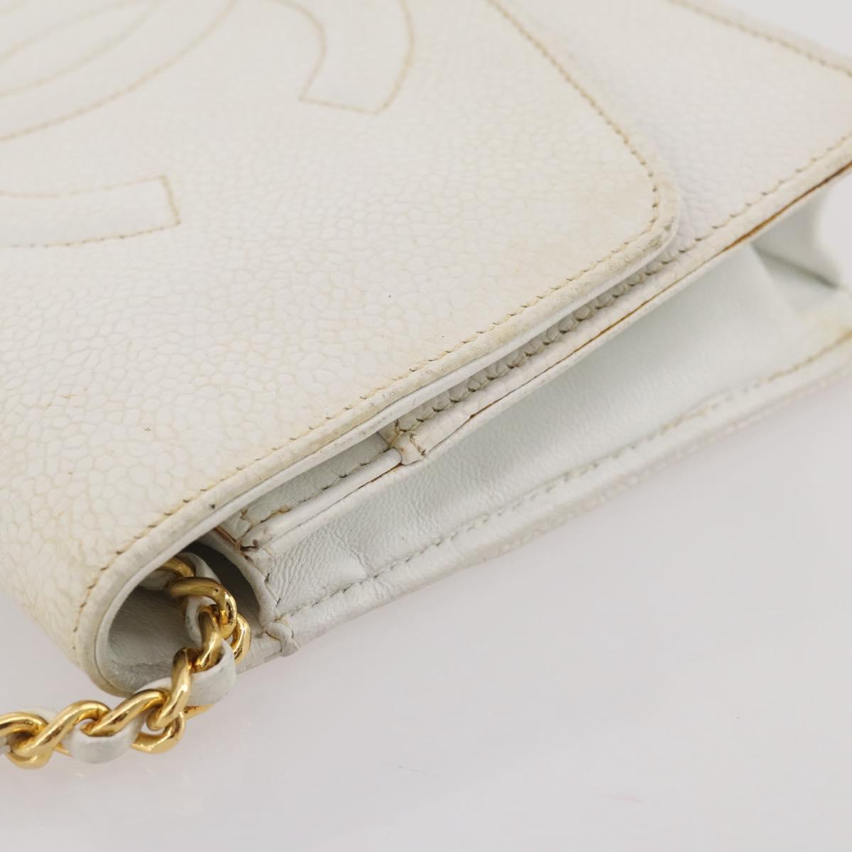 CHANEL Chain Shoulder Bag Caviar Skin White Gold CC Auth 204805