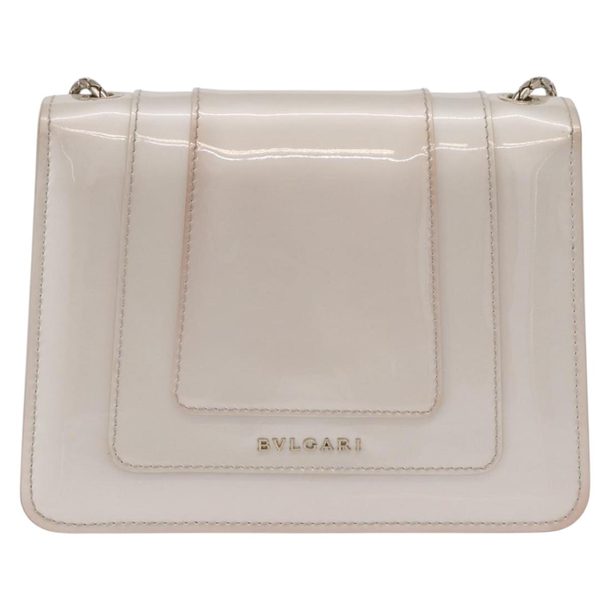 BVLGARI Serpenti Chain Shoulder Bag Patent Leather White Gold Auth 204809A
