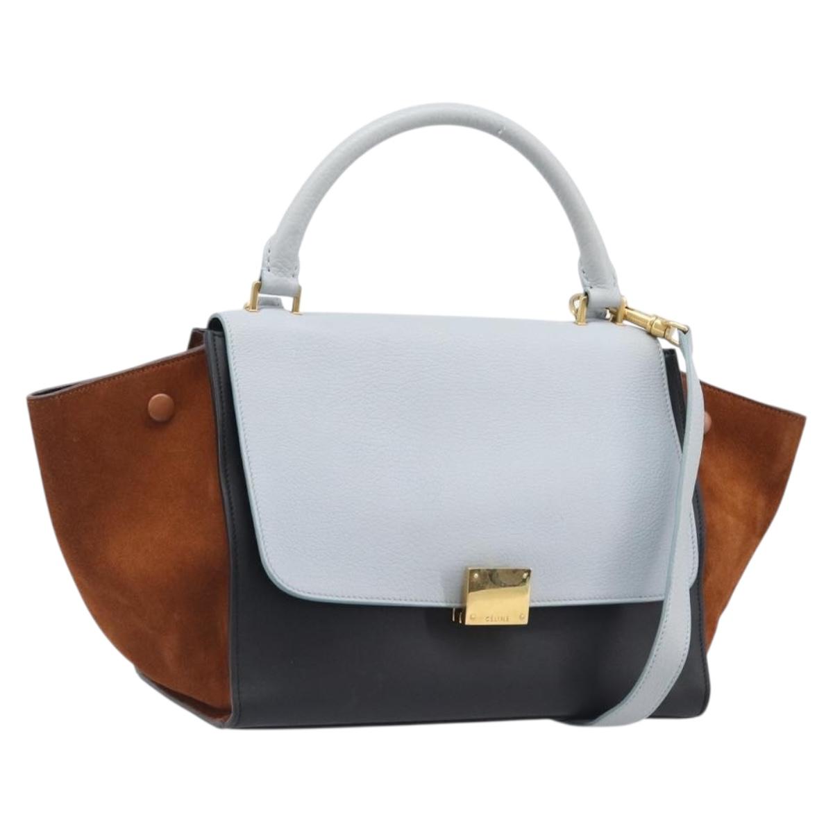 CELINE Trapeze Hand Bag Leather 2way Light Blue Gold Auth 204832V