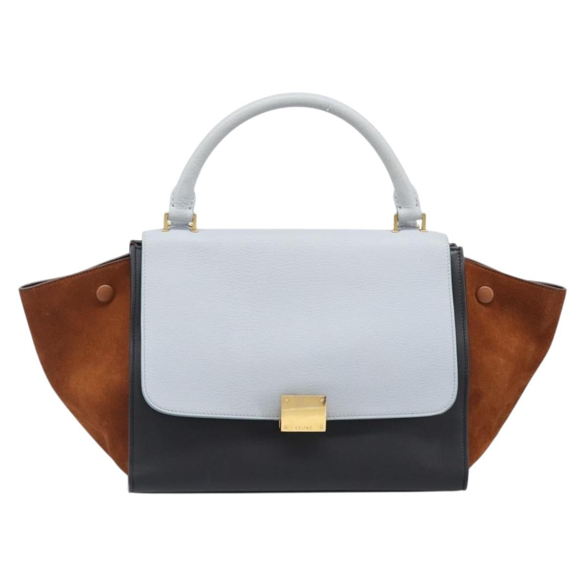 CELINE Trapeze Hand Bag Leather 2way Light Blue Gold Auth 204832V