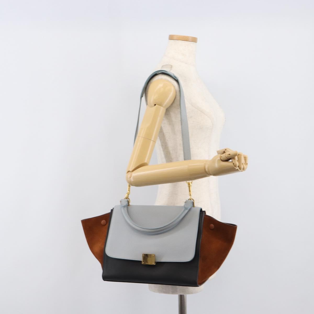 CELINE Trapeze Hand Bag Leather 2way Light Blue Gold Auth 204832V