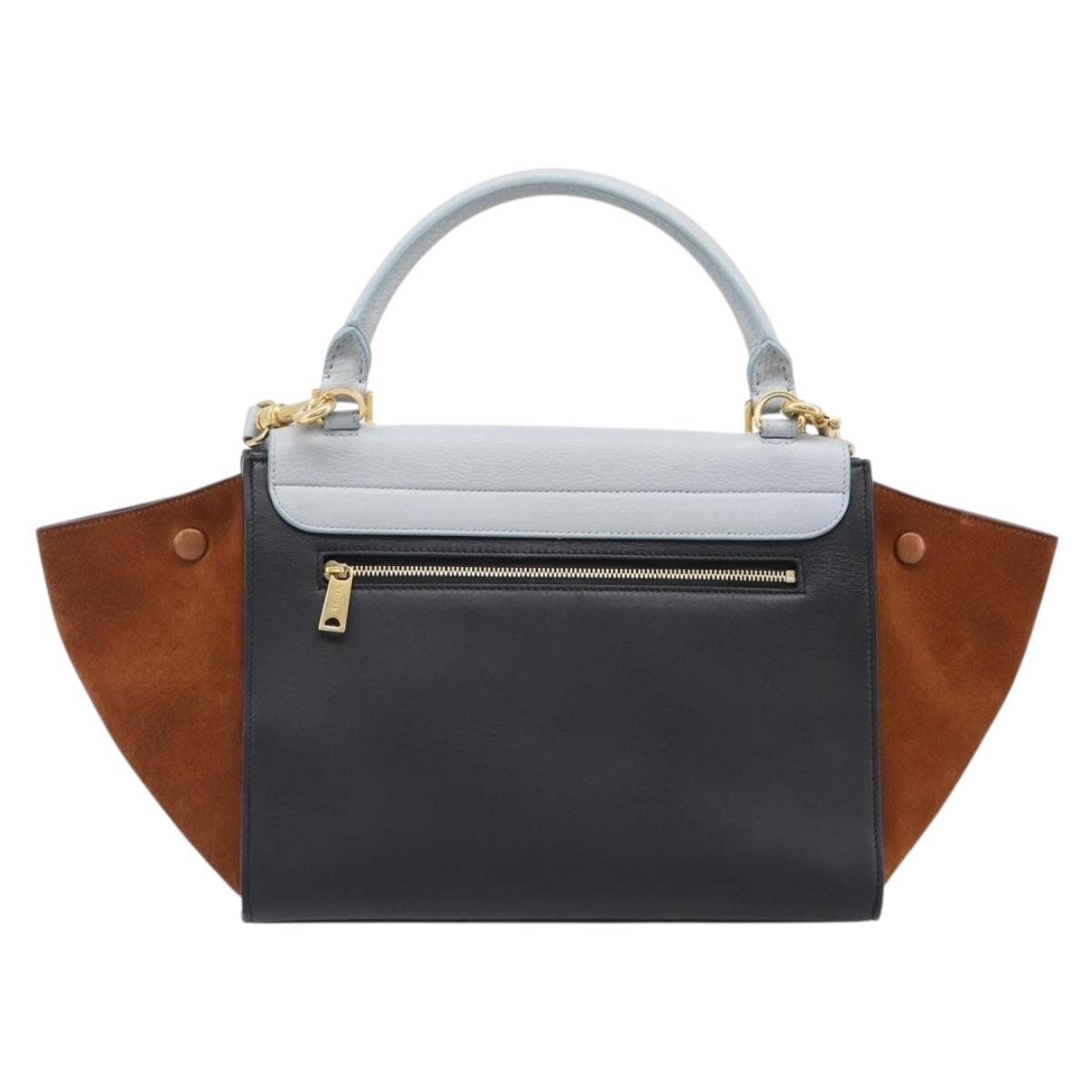 CELINE Trapeze Hand Bag Leather 2way Light Blue Gold Auth 204832V