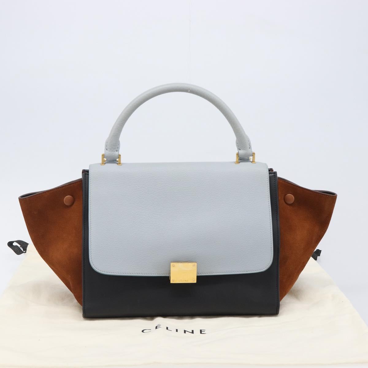 CELINE Trapeze Hand Bag Leather 2way Light Blue Gold Auth 204832V