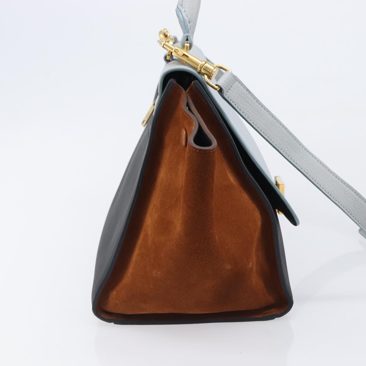 CELINE Trapeze Hand Bag Leather 2way Light Blue Gold Auth 204832V