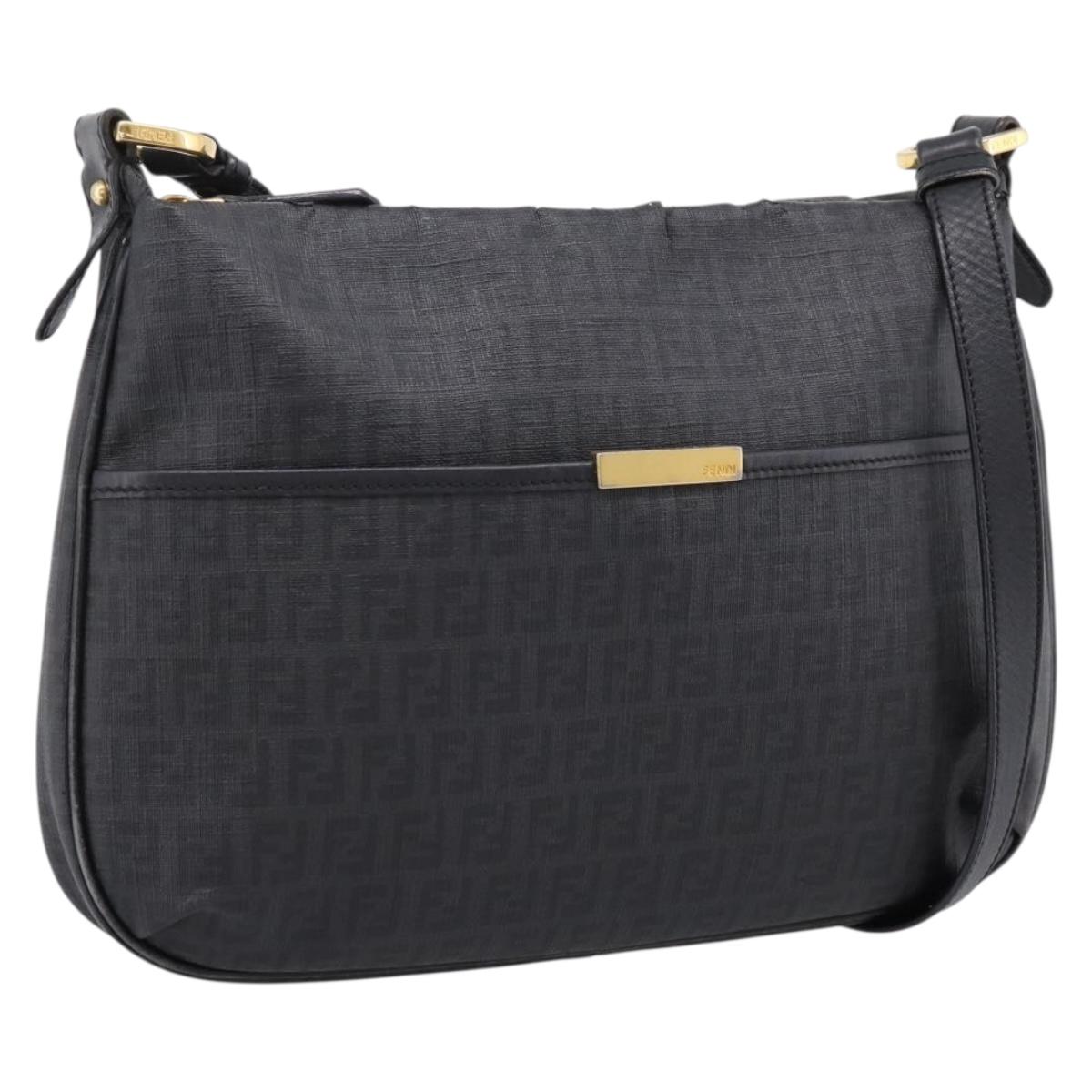 FENDI Zucchino Canvas Shoulder Bag PVC Black Gold Auth 204845