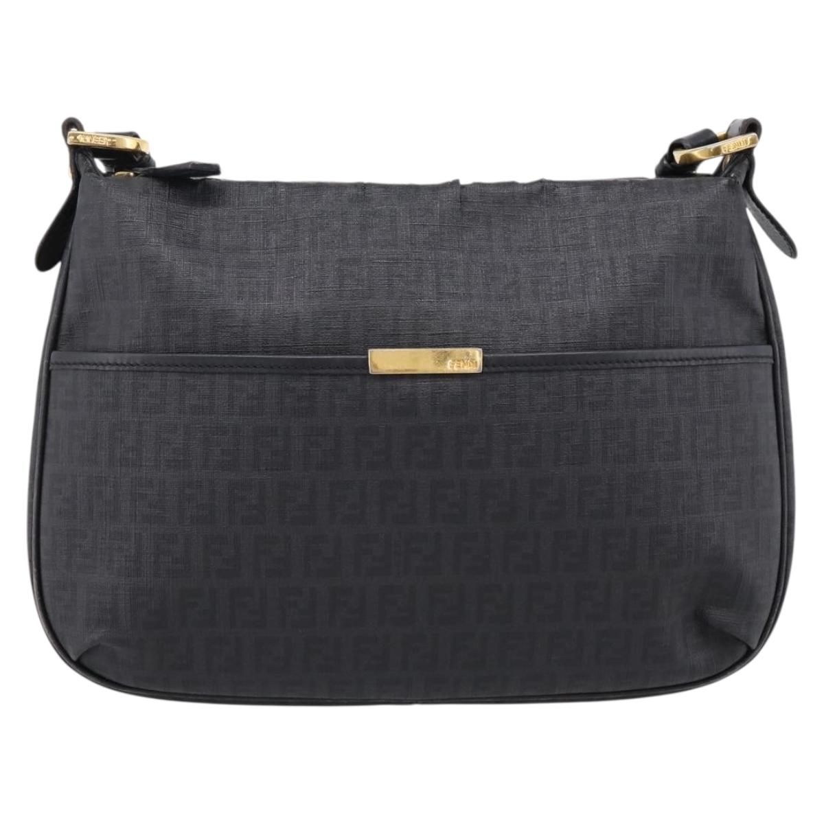 FENDI Zucchino Canvas Shoulder Bag PVC Black Gold Auth 204845