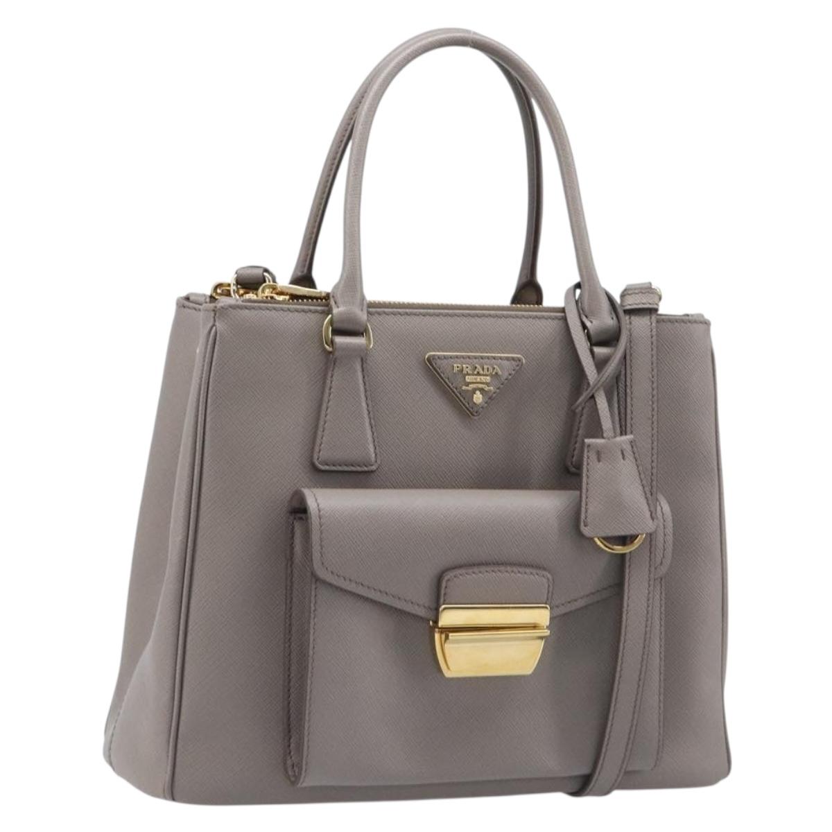 PRADA Galleria Hand Bag Safiano 2way Gray Gold Tone Auth 204854SAV