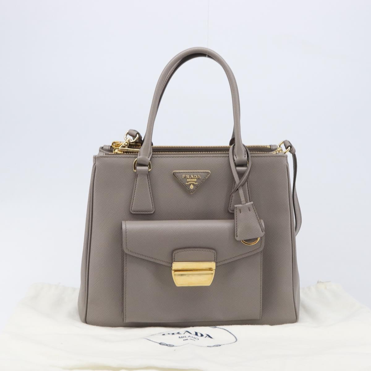 PRADA Galleria Hand Bag Safiano 2way Gray Gold Tone Auth 204854SAV