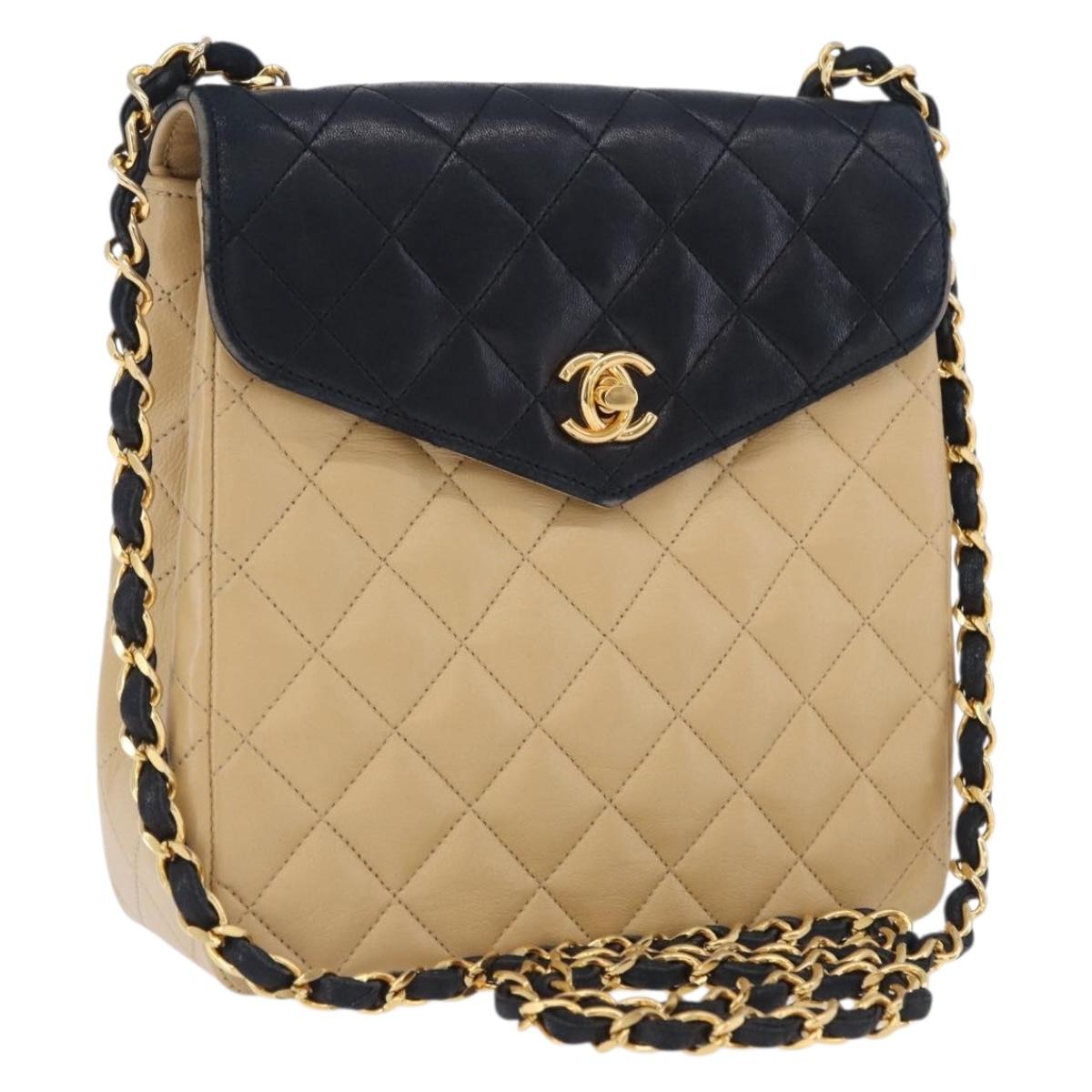 CHANEL Matelasse Chain Shoulder Bag Lamb Skin Beige Gold CC Auth 204855A