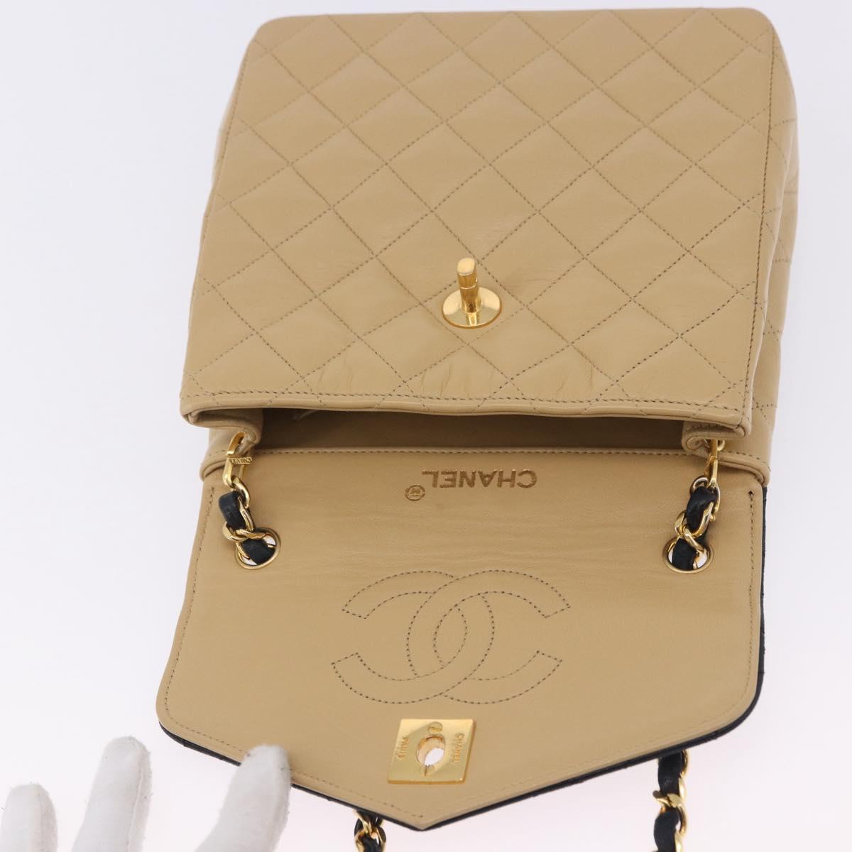 CHANEL Matelasse Chain Shoulder Bag Lamb Skin Beige Gold CC Auth 204855A