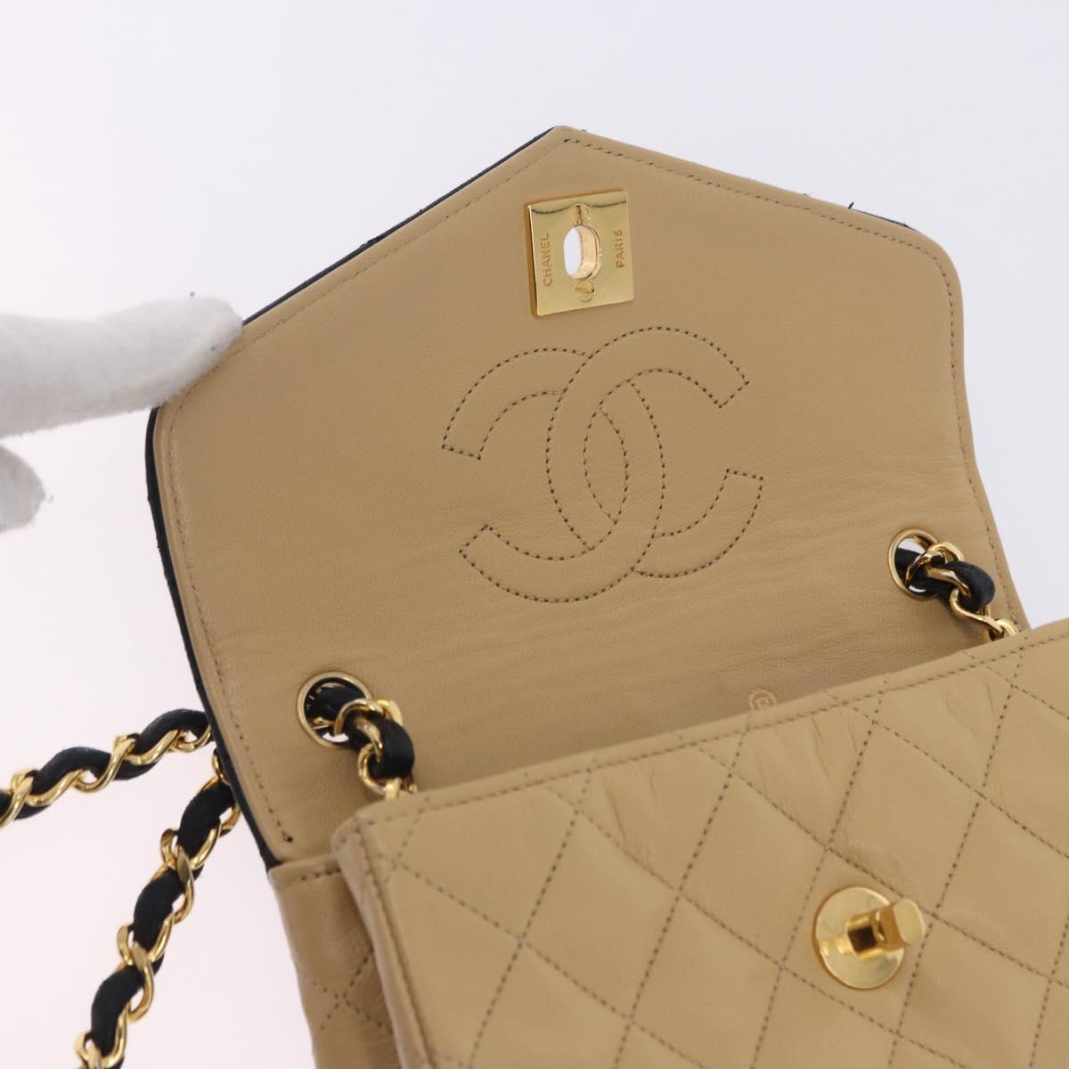 CHANEL Matelasse Chain Shoulder Bag Lamb Skin Beige Gold CC Auth 204855A