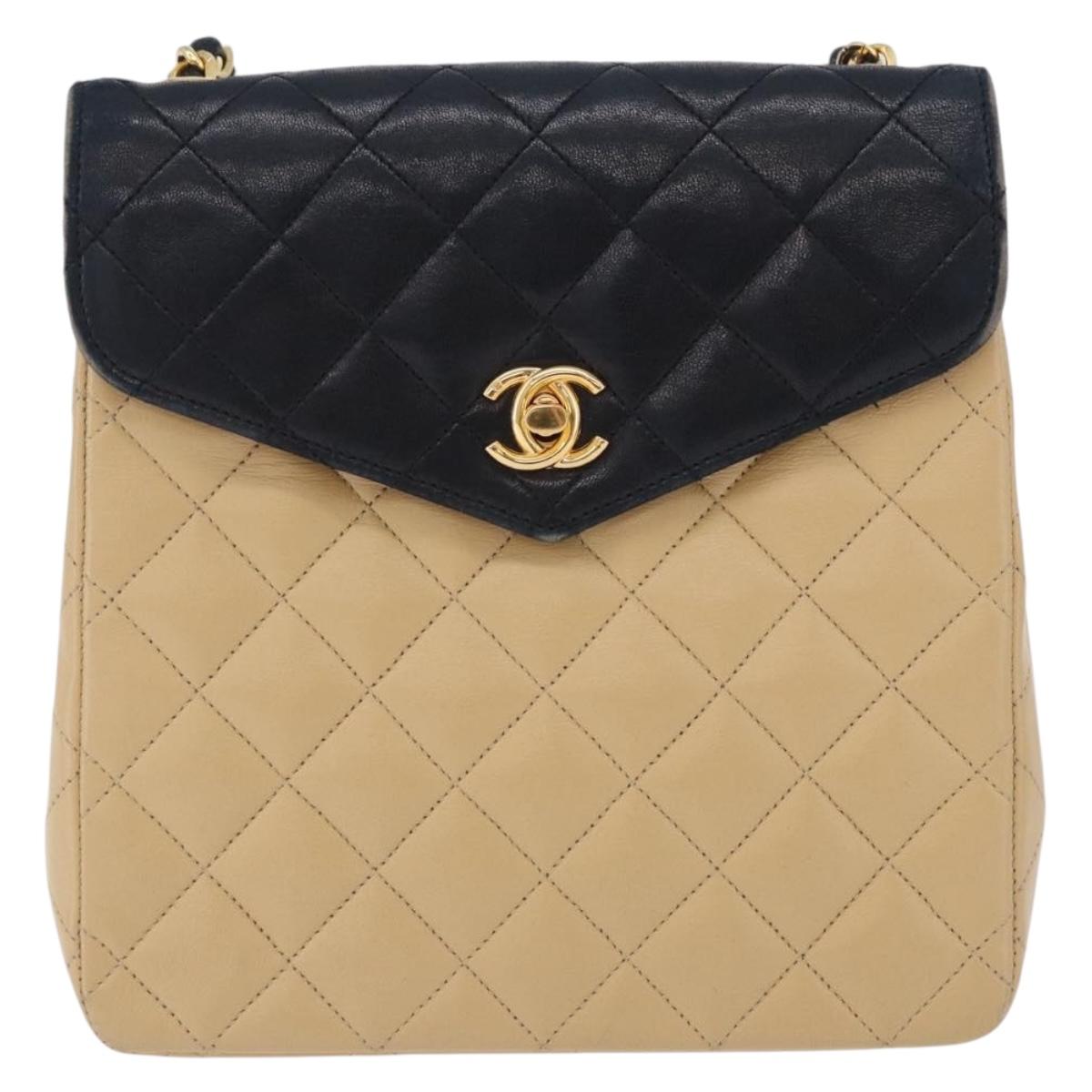 CHANEL Matelasse Chain Shoulder Bag Lamb Skin Beige Gold CC Auth 204855A