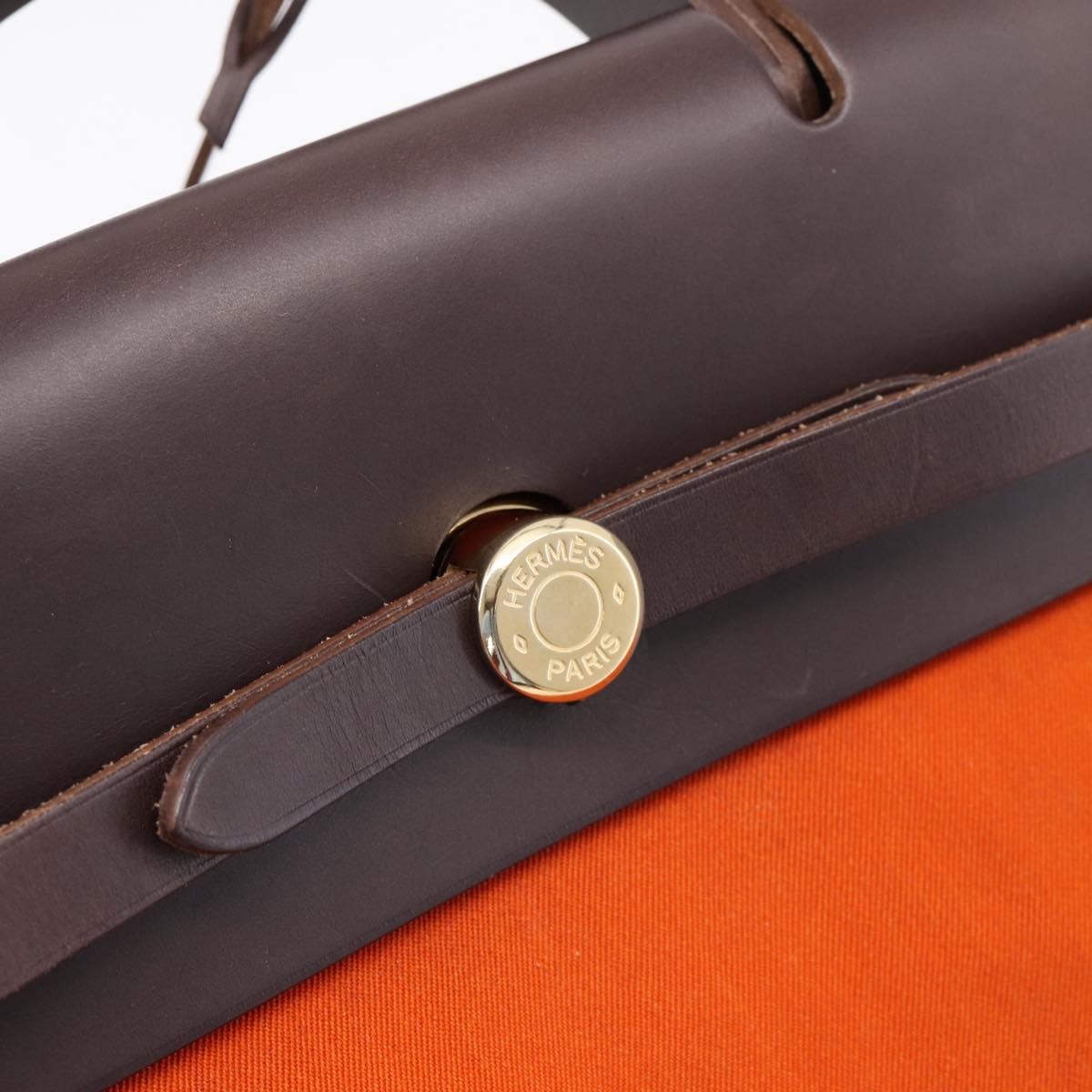 HERMES Herbag Ad PM Backpack Canvas Leather 2way Orange Gold Auth 204861M