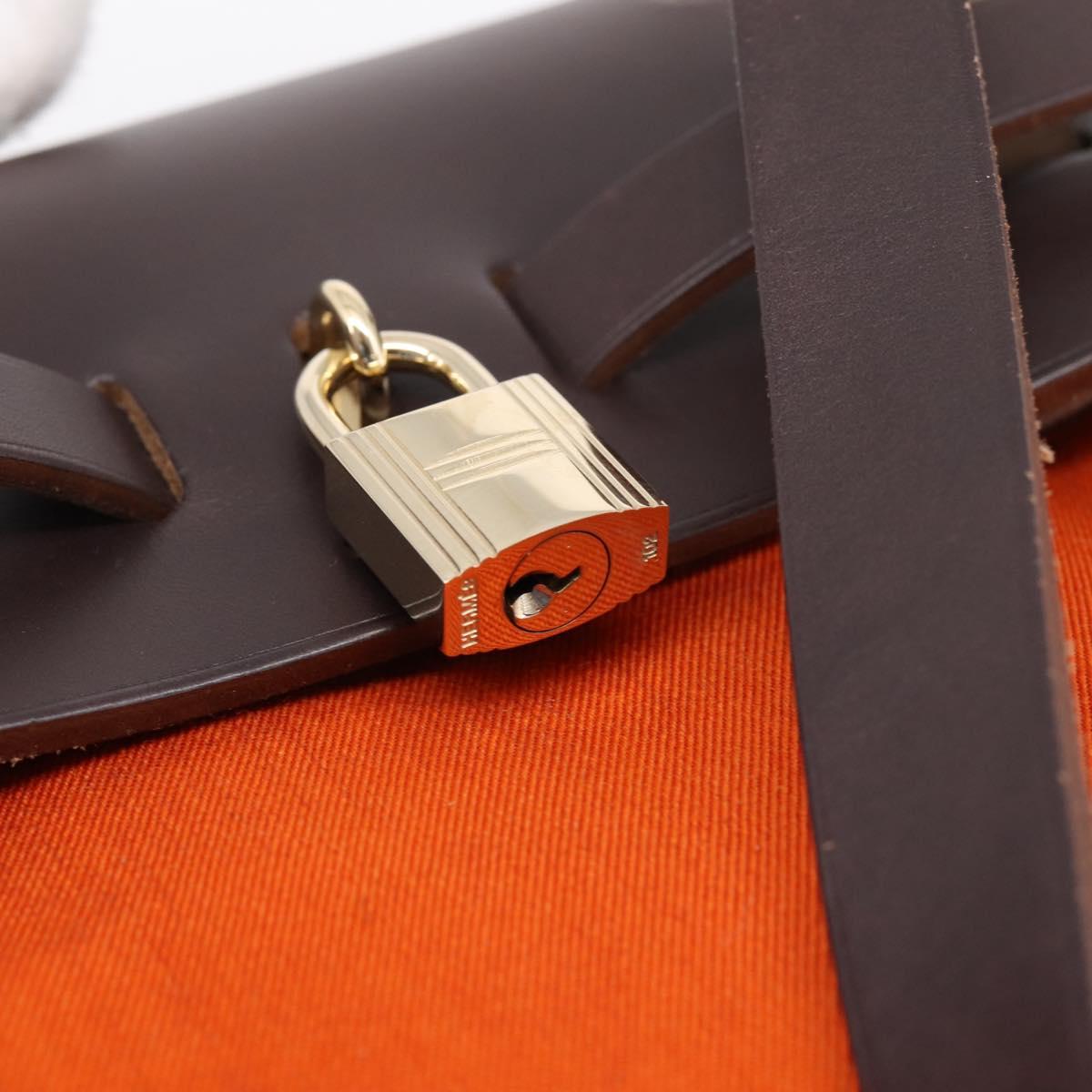 HERMES Herbag Ad PM Backpack Canvas Leather 2way Orange Gold Auth 204861M
