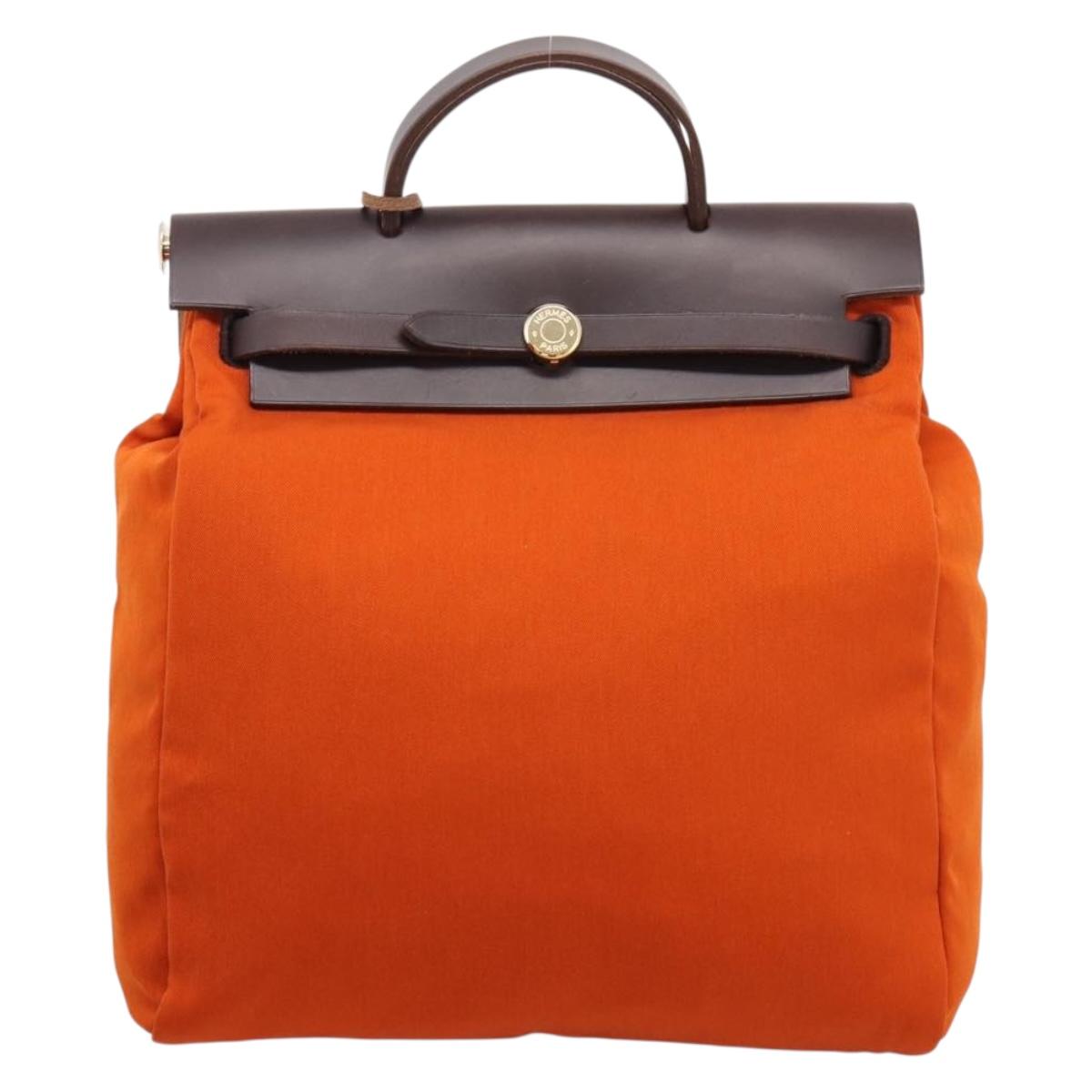 HERMES Herbag Ad PM Backpack Canvas Leather 2way Orange Gold Auth 204861M