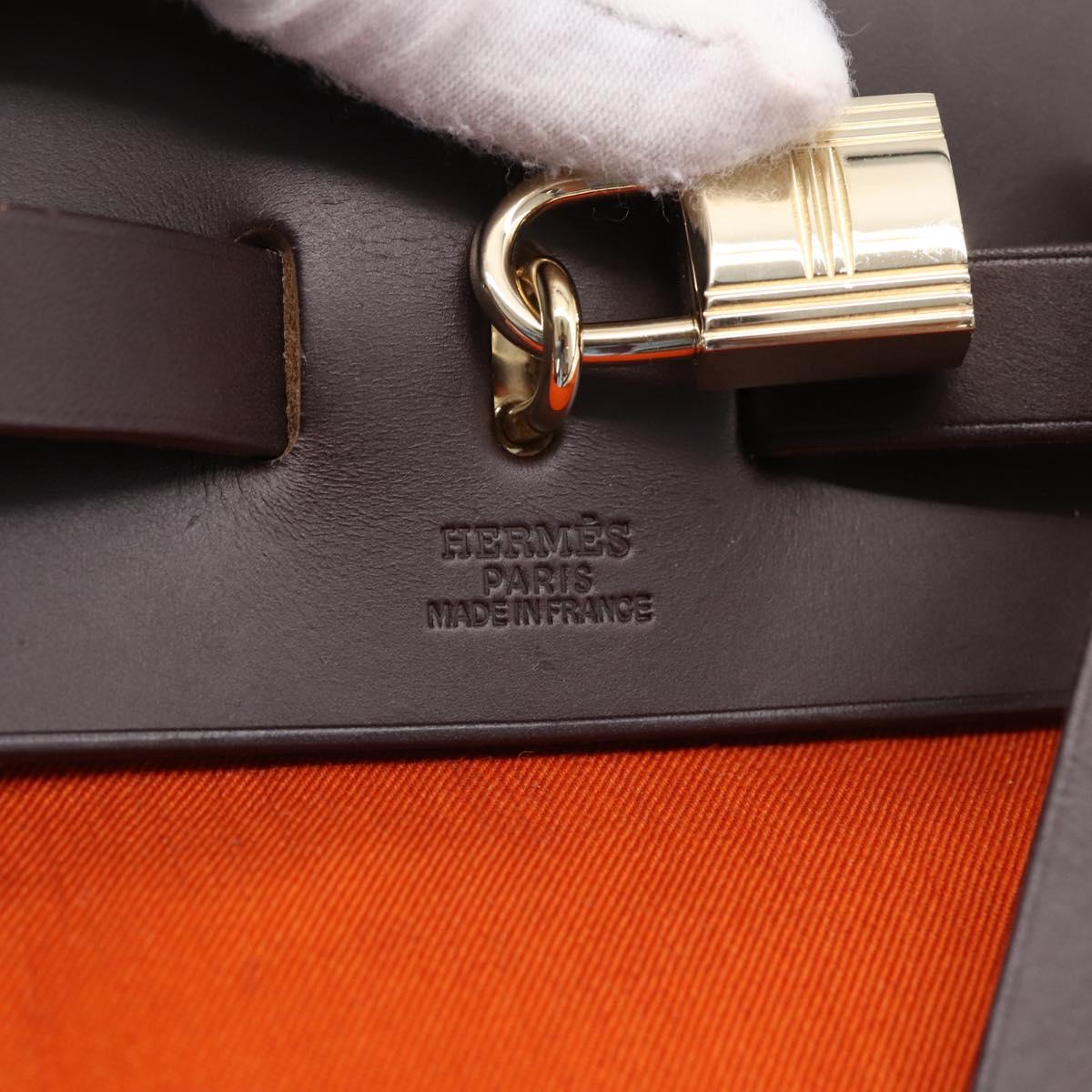 HERMES Herbag Ad PM Backpack Canvas Leather 2way Orange Gold Auth 204861M