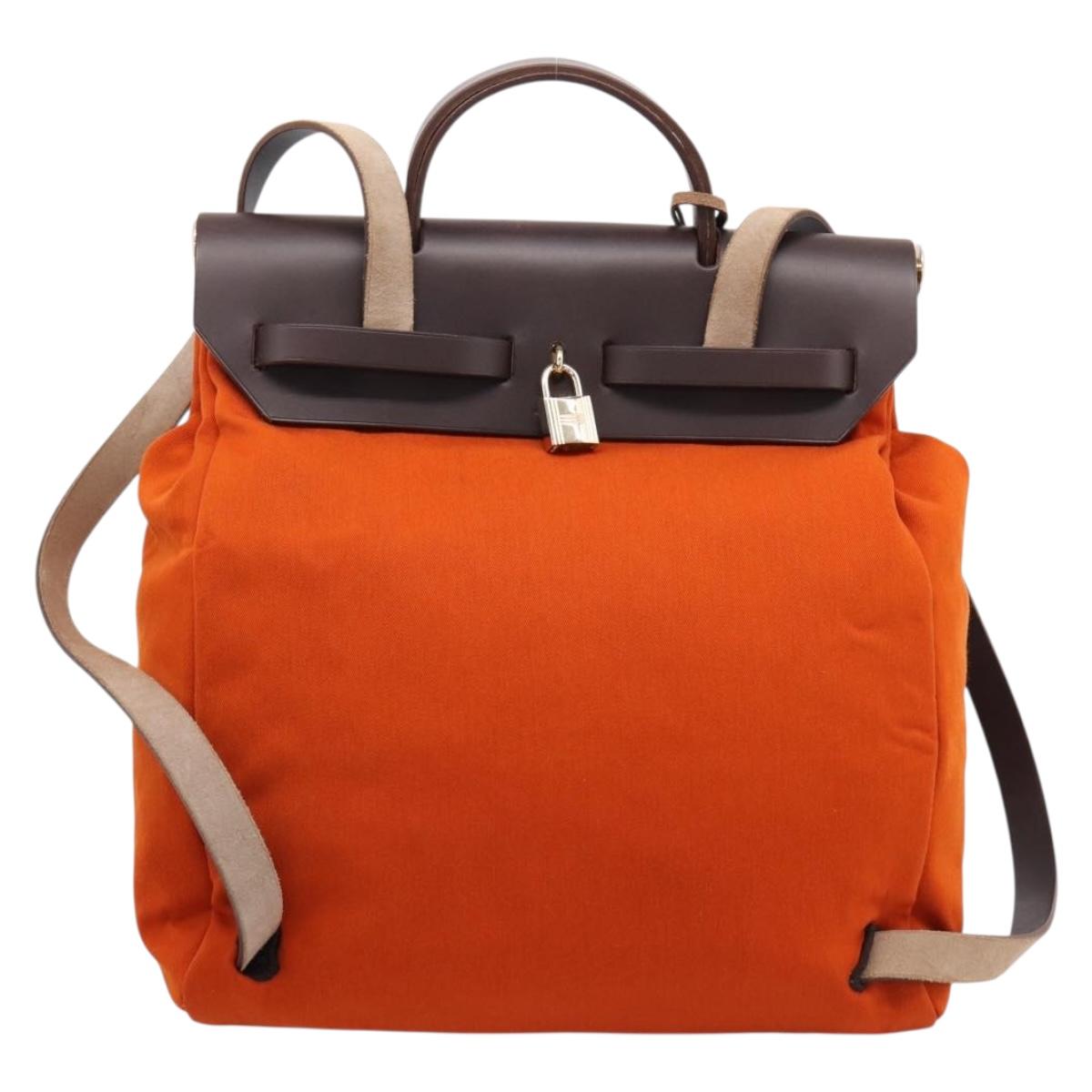 HERMES Herbag Ad PM Backpack Canvas Leather 2way Orange Gold Auth 204861M
