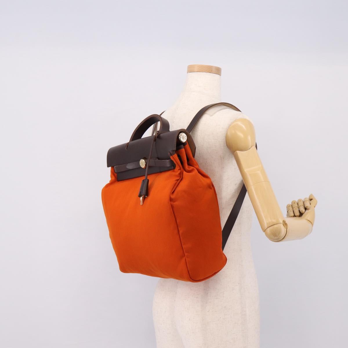 HERMES Herbag Ad PM Backpack Canvas Leather 2way Orange Gold Auth 204861M